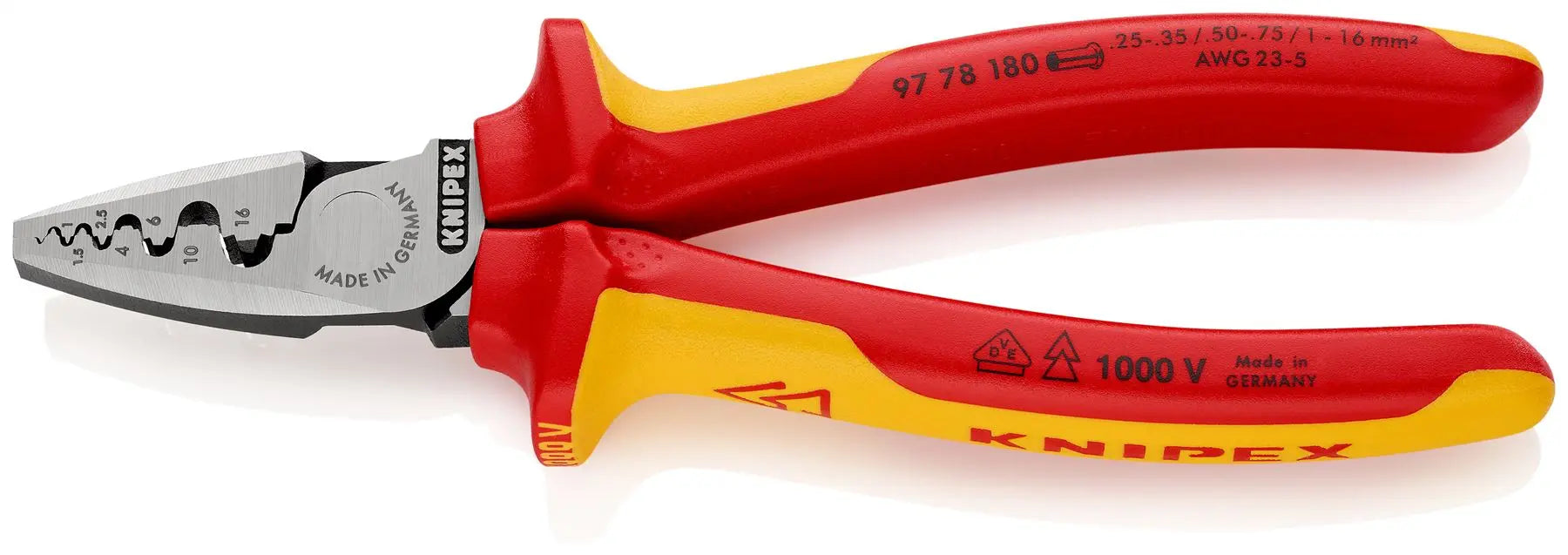 KNIPEX Crimping Pliers for Wire Ferrules 180mm 0.25-16mm² 180mm VDE Insulated Multi Component Grips 97 78 180  White Rose Tools