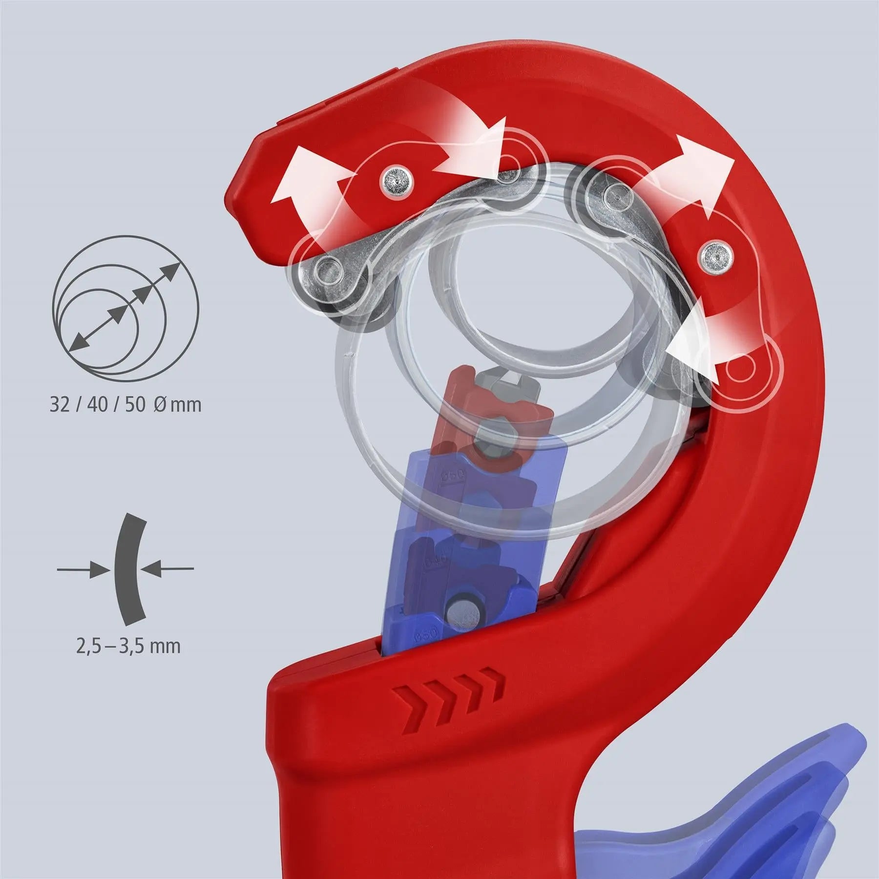 KNIPEX DPT50 Pipe Cutter for Thick Walled Plastic Pipes 50mm Diameter 90 23 02 BK  White Rose Tools