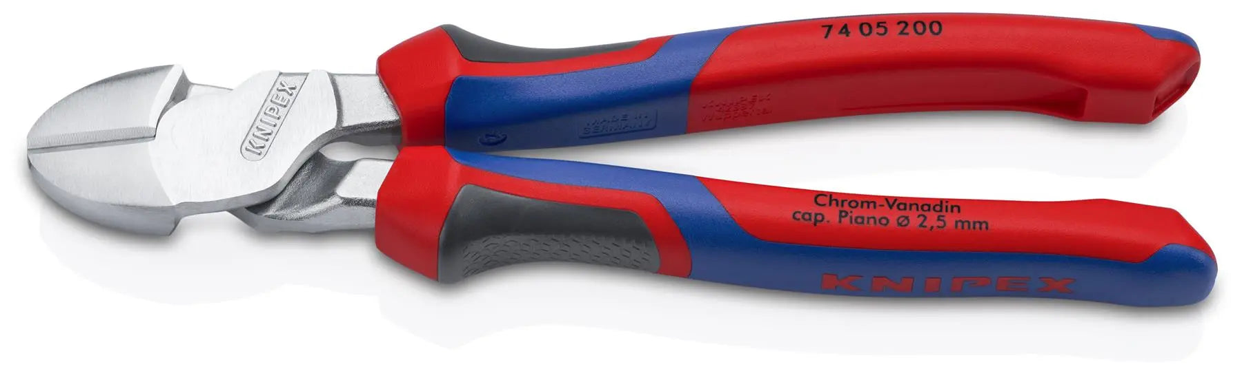 Pair of wire cutters with red and blue handles on a white background