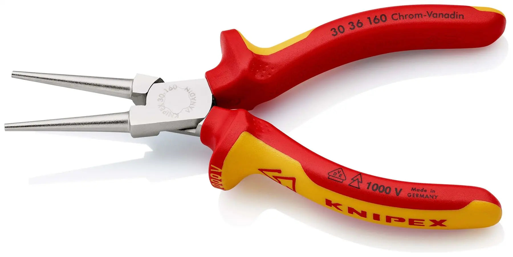 KNIPEX Long Nose Pliers Heavy Duty Wear Resisting 160mm VDE Chrome Multi Component Grips 30 36 160  White Rose Tools