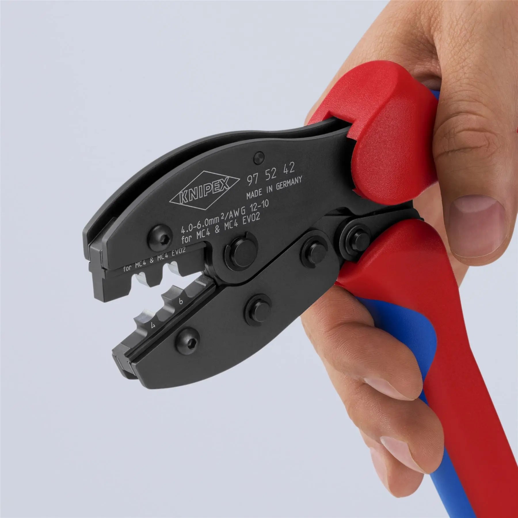 KNIPEX PreciForce Crimping Pliers for MC4/MC4 EVO 2 Connectors with Multi Component Grips 220mm 97 52 42 SB  White Rose Tools