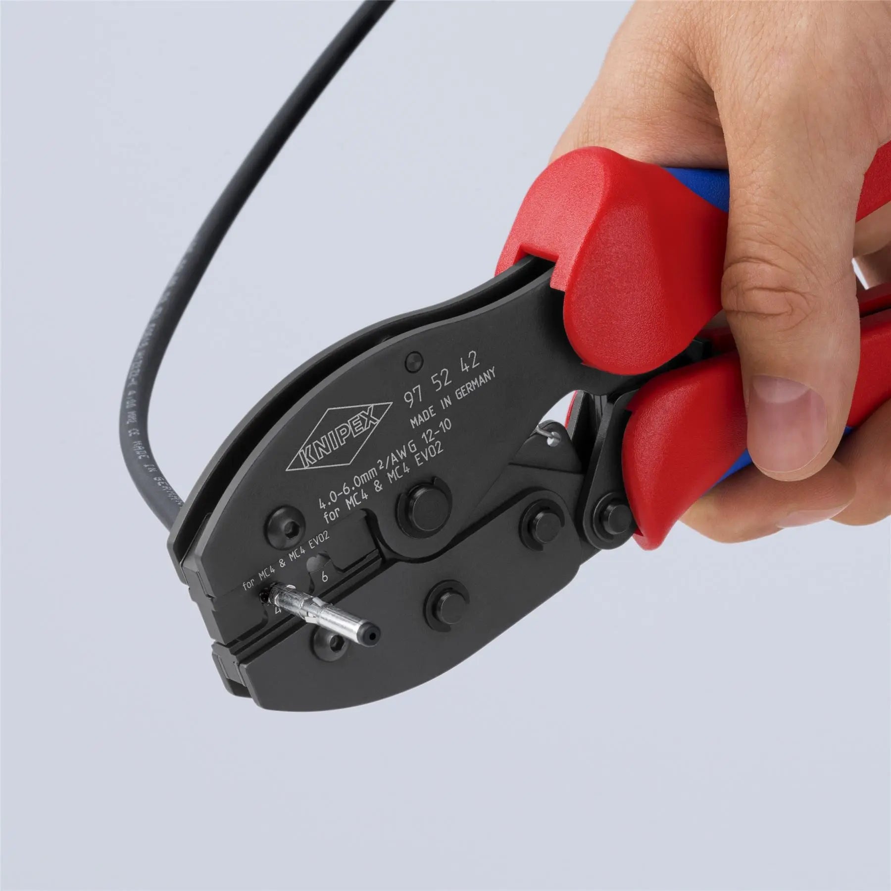 KNIPEX PreciForce Crimping Pliers for MC4/MC4 EVO 2 Connectors with Multi Component Grips 220mm 97 52 42 SB  White Rose Tools