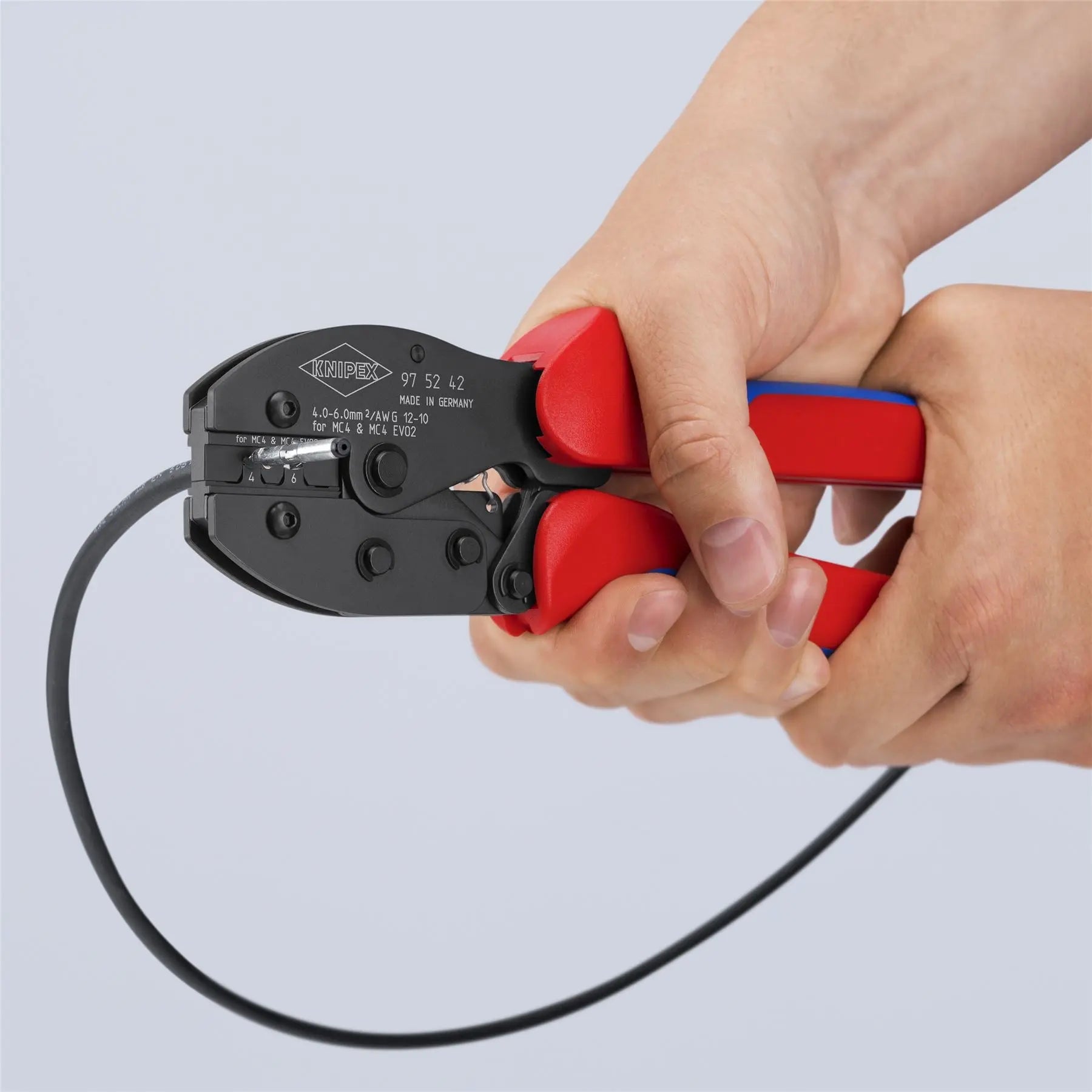KNIPEX PreciForce Crimping Pliers for MC4/MC4 EVO 2 Connectors with Multi Component Grips 220mm 97 52 42 SB  White Rose Tools