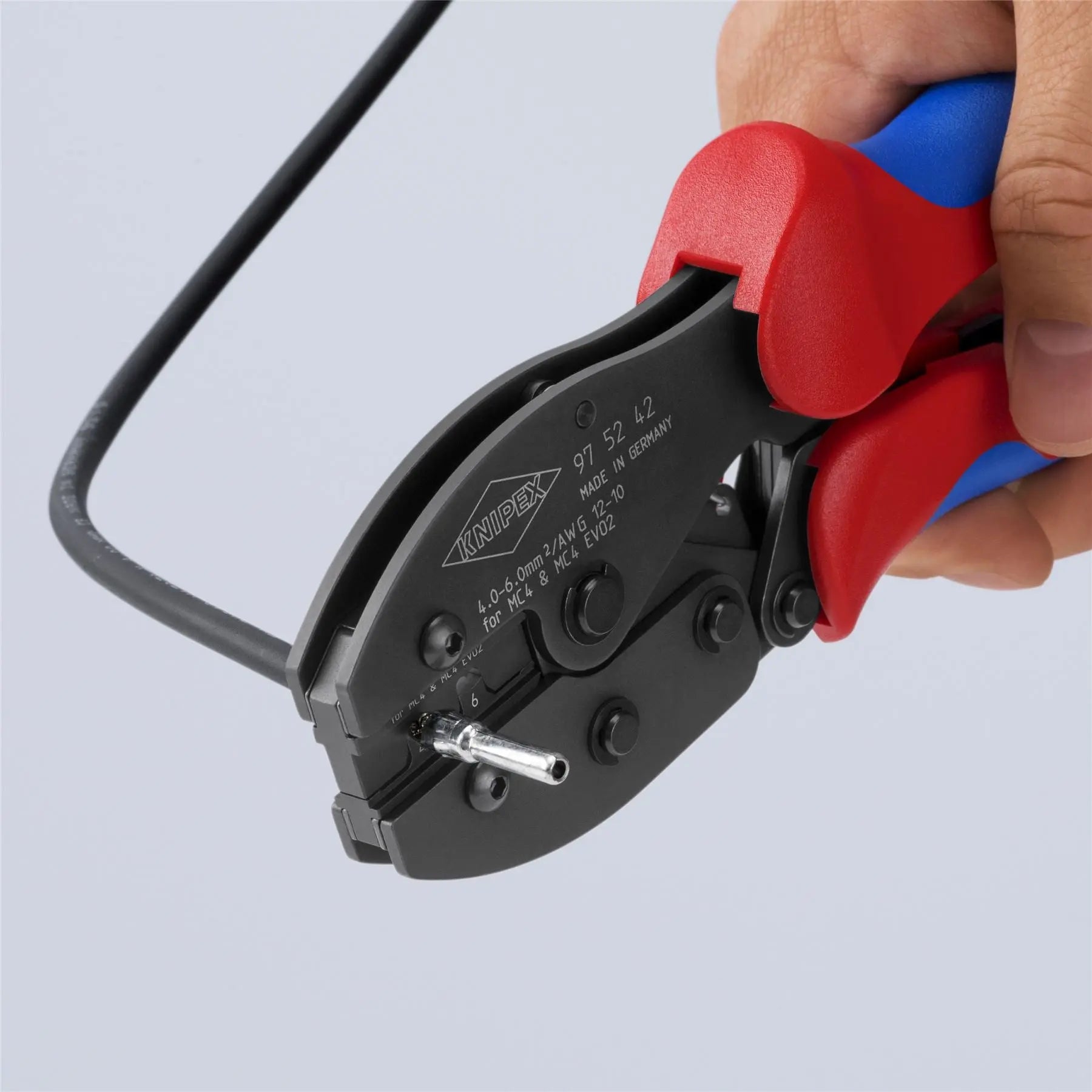 KNIPEX PreciForce Crimping Pliers for MC4/MC4 EVO 2 Connectors with Multi Component Grips 220mm 97 52 42 SB  White Rose Tools