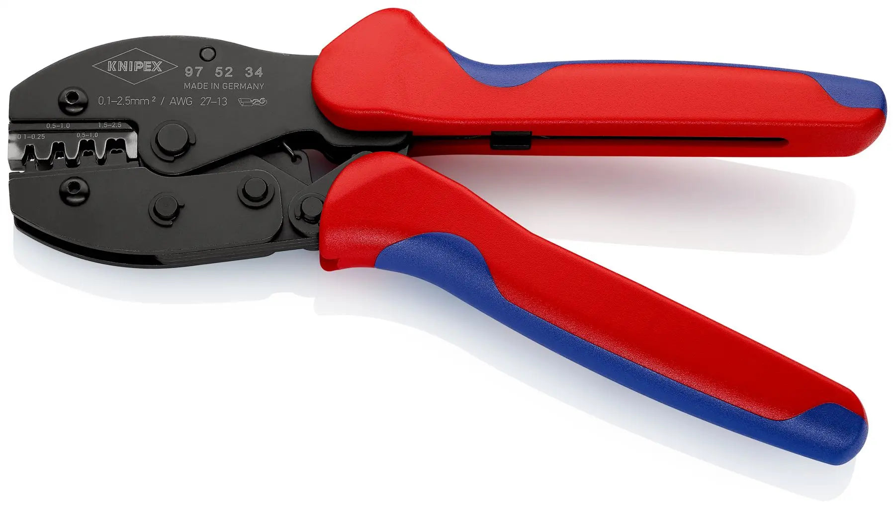 KNIPEX PreciForce Crimping Pliers for Non Insulated Open Plug Type Connectors Plug Width 2.8 + 4.8mm 220mm 97 52 34  White Rose Tools