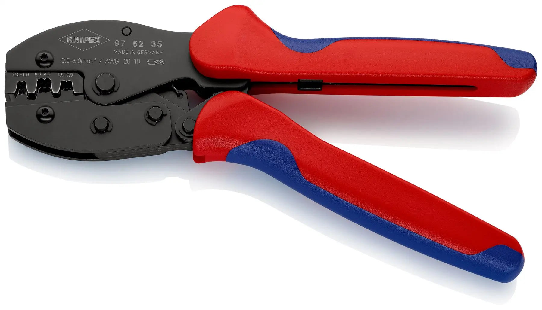 KNIPEX PreciForce Crimping Pliers for Non Insulated Open Plug Type Connectors Plug Width 4.8 + 6.3mm 220mm 97 52 35  White Rose Tools