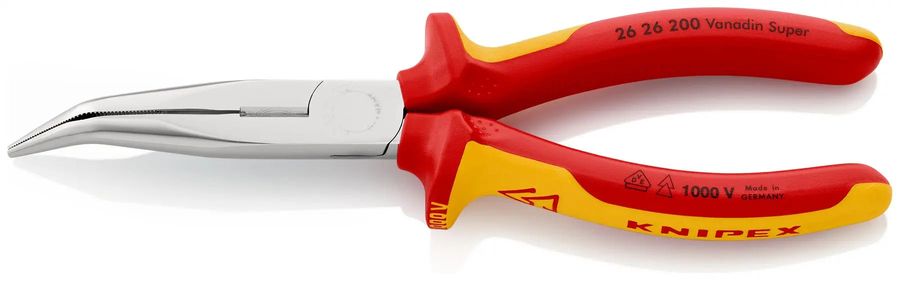 KNIPEX Snipe Nose Side Cutting Pliers Stork Beak Plier Bent Nose 200mm VDE Chrome Multi Component Grips 26 26 200  White Rose Tools