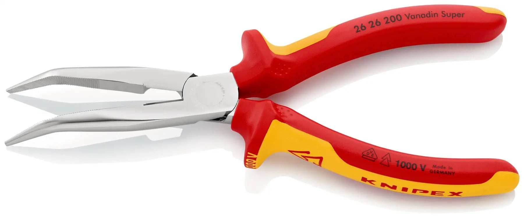 KNIPEX Snipe Nose Side Cutting Pliers Stork Beak Plier Bent Nose 200mm VDE Chrome Multi Component Grips 26 26 200  White Rose Tools