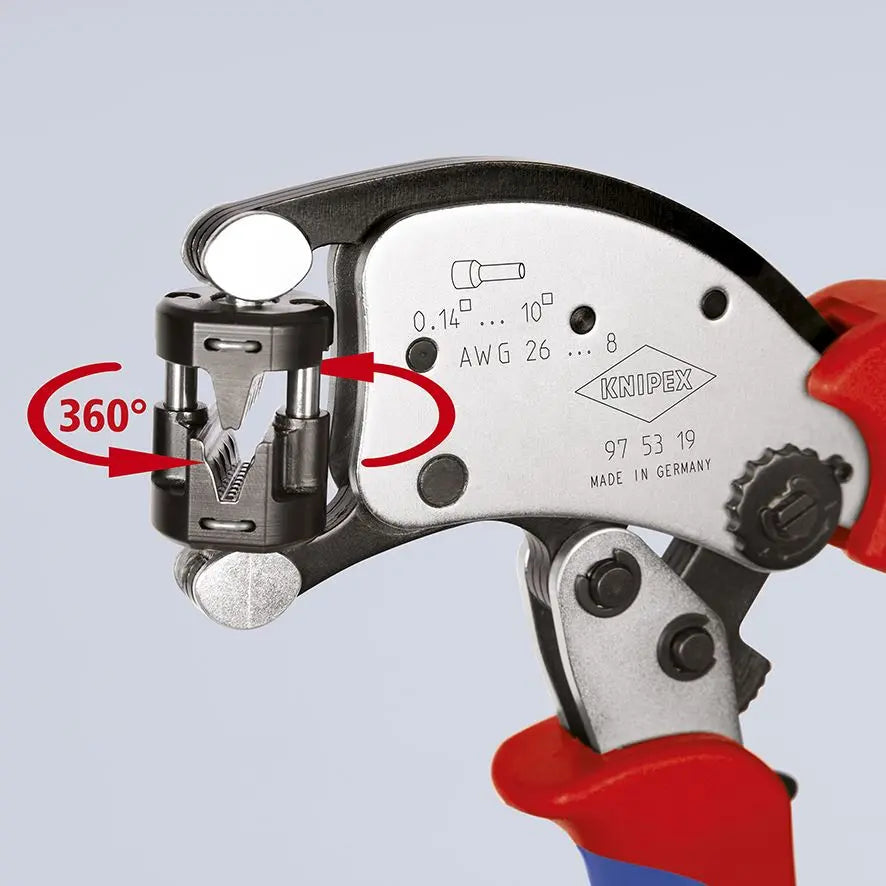 KNIPEX Twistor T Self Adjusting Crimping Pliers Wire Ferrules Rotatable Die Head 0.14-10mm² 200mm Multi Component Grips 97 53 19  White Rose Tools