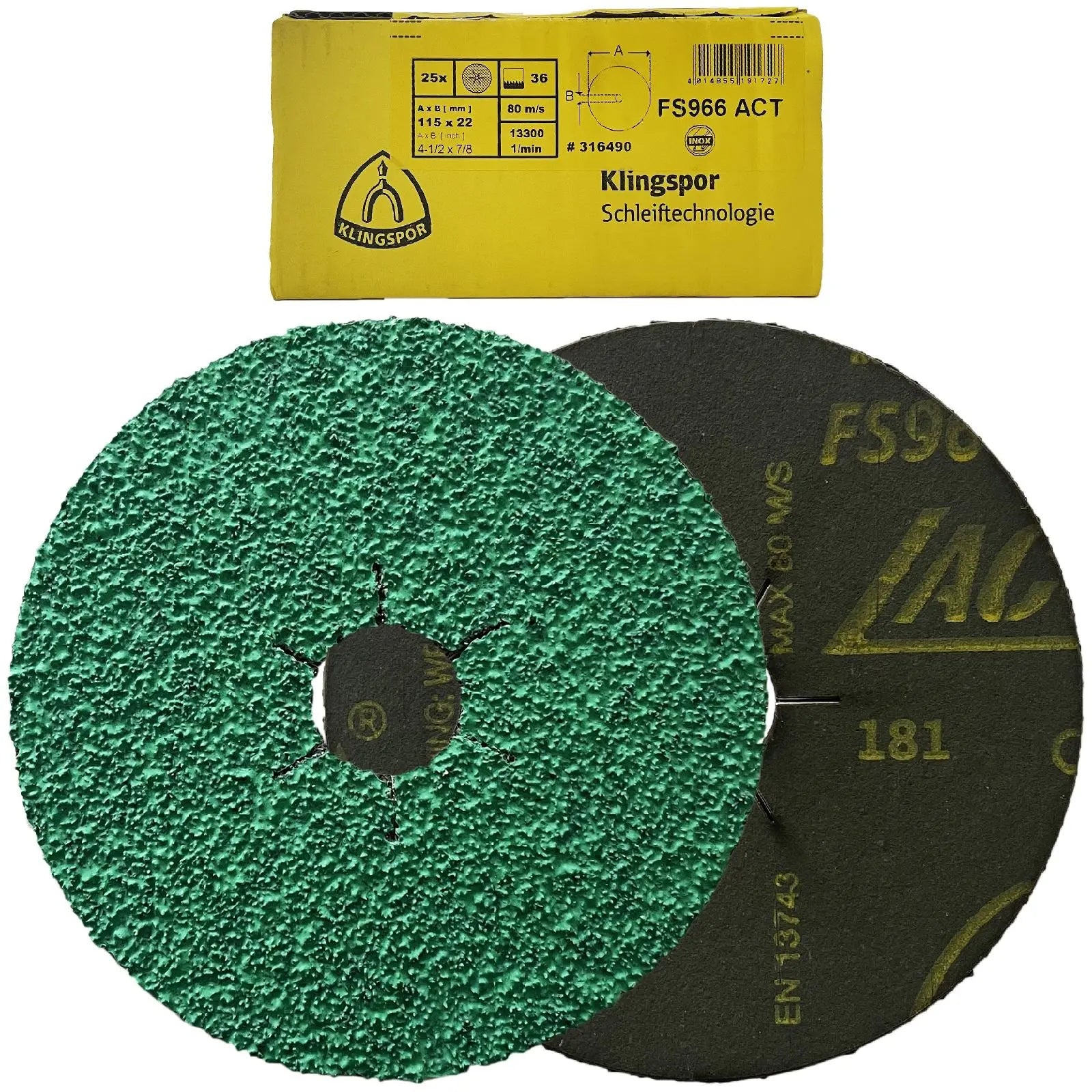 Klingspor Fibre Discs for Stainless Steel Angle Grinding 115mm Aluminium Oxide Grain FS966 ACT 