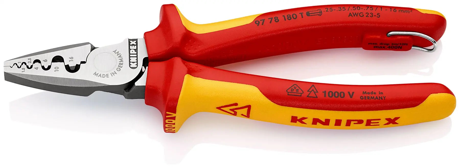 Knipex Crimping Pliers for Wire Ferrules 180mm VDE Insulated 1000V with Tether Point 97 78 180 T 