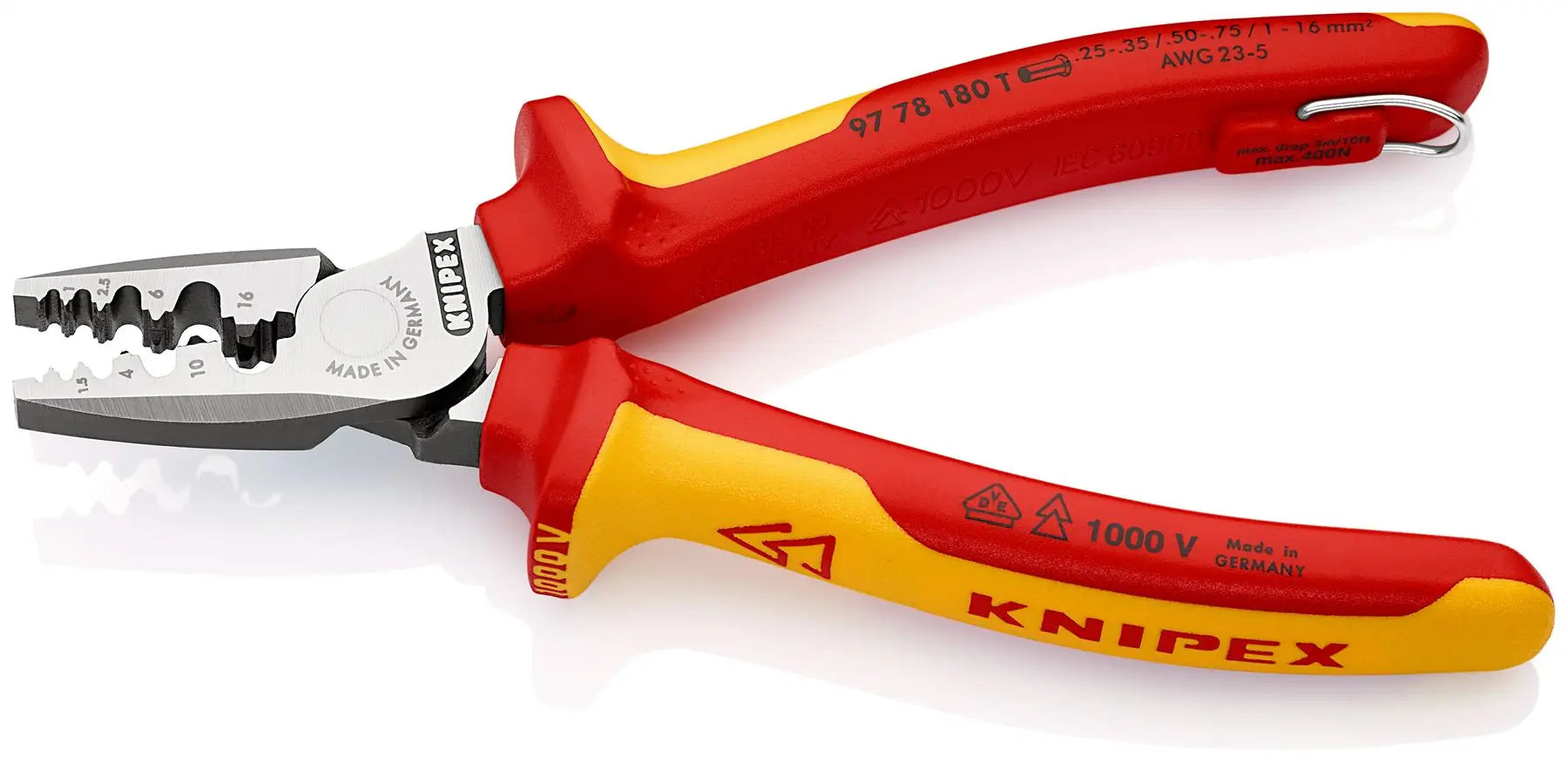 Knipex Crimping Pliers for Wire Ferrules 180mm VDE Insulated 1000V with Tether Point 97 78 180 T 