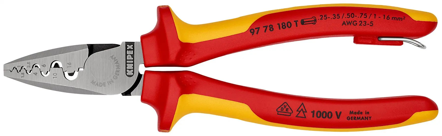 Knipex Crimping Pliers for Wire Ferrules 180mm VDE Insulated 1000V with Tether Point 97 78 180 T 