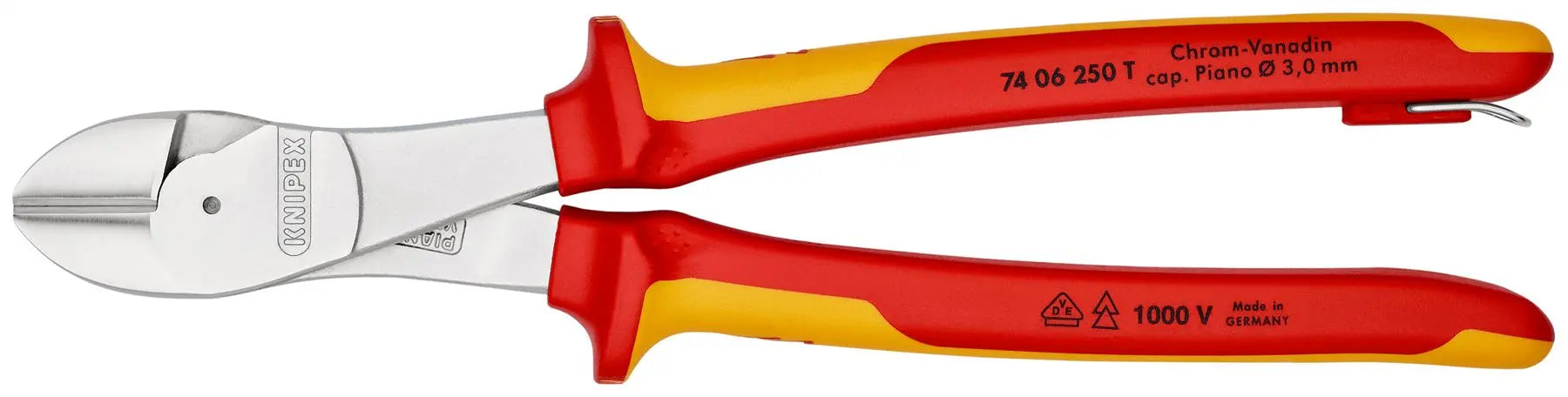 Knipex High Leverage Diagonal Cutter 250mm VDE Insulated 1000V with Tether Point 74 06 250 T 