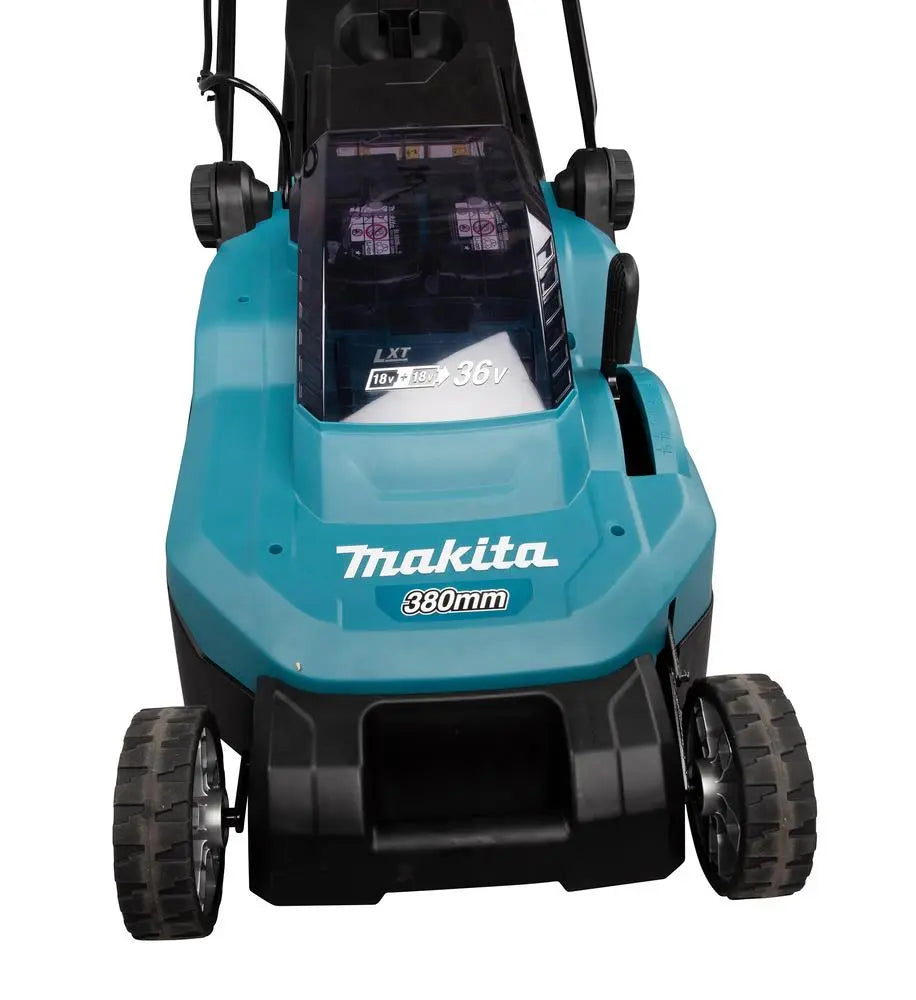 Makita 38cm Lawn Mower Kit Twin 18V LXT Li-ion Cordless Garden Grass Outdoor 2 x 6Ah Battery and Dual Rapid Charger DLM382PG2  White Rose Tools