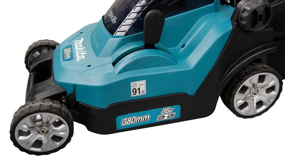 Makita 38cm Lawn Mower Kit Twin 18V LXT Li-ion Cordless Garden Grass Outdoor 2 x 6Ah Battery and Dual Rapid Charger DLM382PG2  White Rose Tools