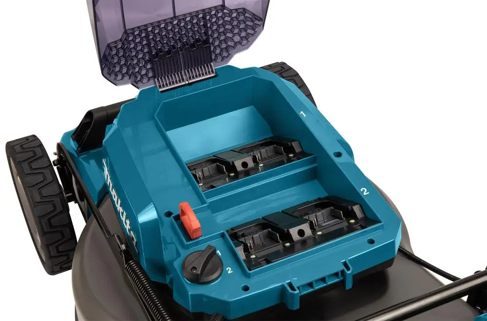 Makita 46cm Lawn Mower Kit Twin 18V LXT Li-ion Cordless Garden Grass Outdoor 4 x 5Ah Battery and Dual Rapid Charger DLM462PT4  White Rose Tools