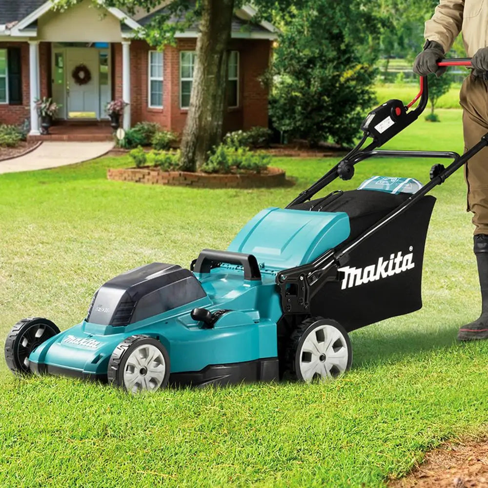 Makita 48cm Lawn Mower Kit Twin 18V LXT Li-ion Cordless Garden Grass Outdoor 2 x 5Ah Battery and Dual Charger DLM480CT2  White Rose Tools