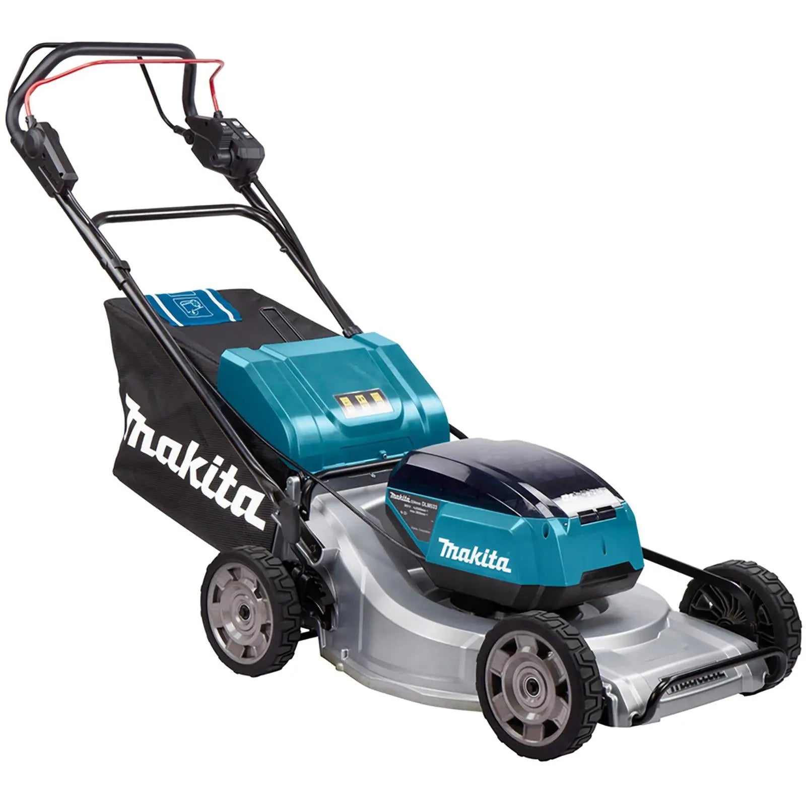 Makita 53cm Lawn Mower Kit Twin 18V LXT Li-ion Cordless Garden Grass Outdoor 4 x 5Ah Battery and Dual Rapid Charger DLM533PT4  White Rose Tools