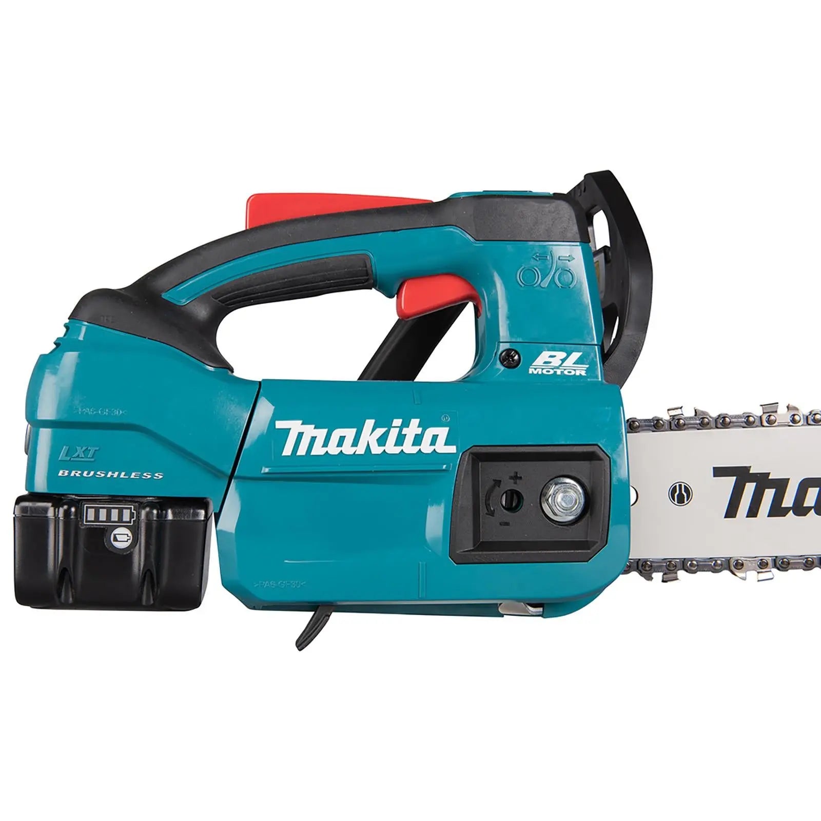 Makita Chainsaw Kit 25cm 10" 18V LXT Brushless Cordless 5Ah Battery and Charger Top Handle Garden Tree Cutting Pruning DUC254RT  White Rose Tools