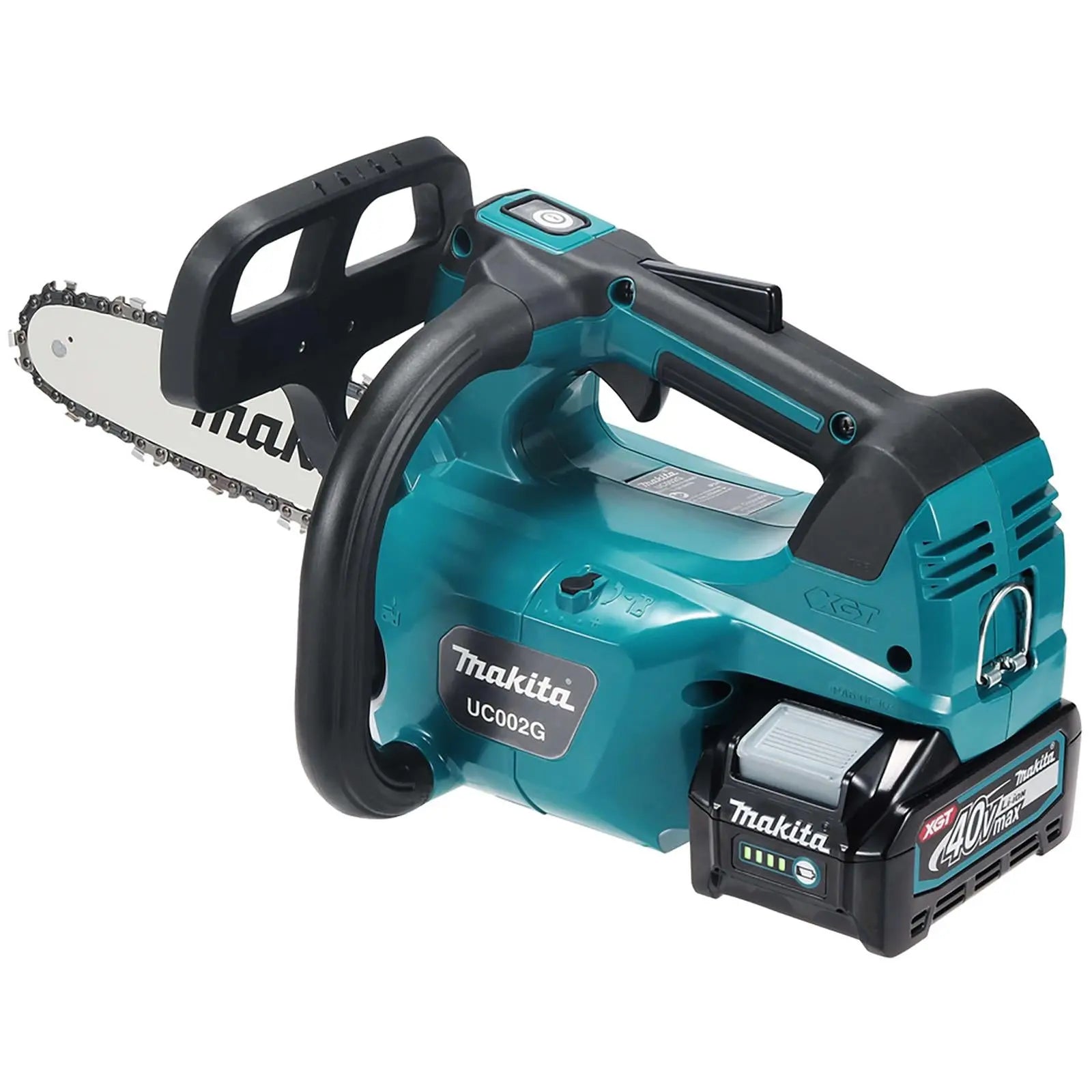 Makita Chainsaw Kit 25cm 10" 40V XGT Brushless Cordless Top Handle 2 x 2.5Ah Battery and Rapid Charger Garden Tree Cutting Pruning UC002GD202  White Rose Tools