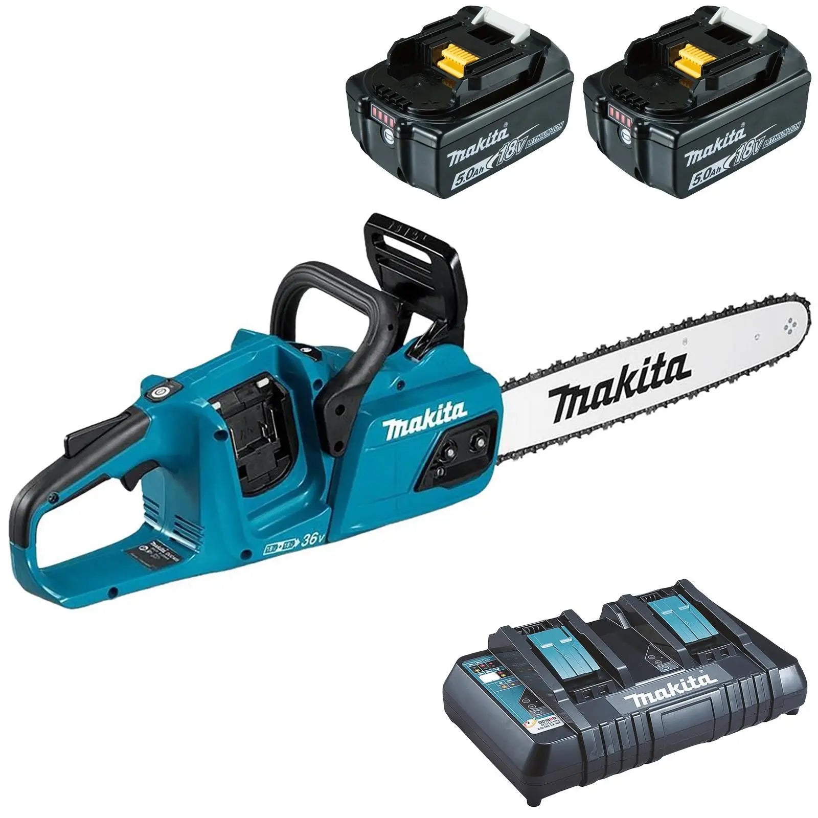 Makita Chainsaw Kit 30cm 12" 18V x 2 LXT Brushless Cordless 2 x 5Ah Battery and Dual Rapid Charger Garden Tree Cutting Pruning DUC305PT2  White Rose Tools