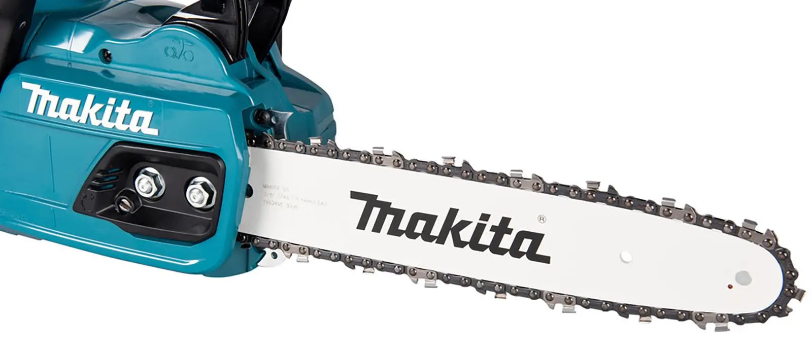 Makita Chainsaw Kit 30cm 12" 18V x 2 LXT Brushless Cordless 2 x 6Ah Battery and Dual Rapid Charger Garden Tree Cutting Pruning DUC305PG2  White Rose Tools