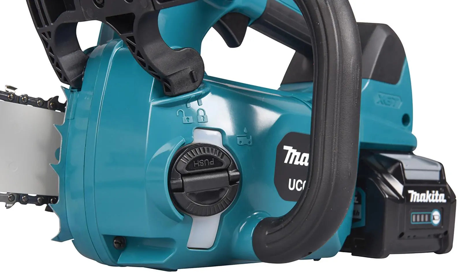 Makita Chainsaw Kit 30cm 12" 40V XGT Brushless Cordless Top Handle 2 x 2.5Ah Battery and Rapid Charger Garden Tree Cutting Pruning UC003GD202  White Rose Tools
