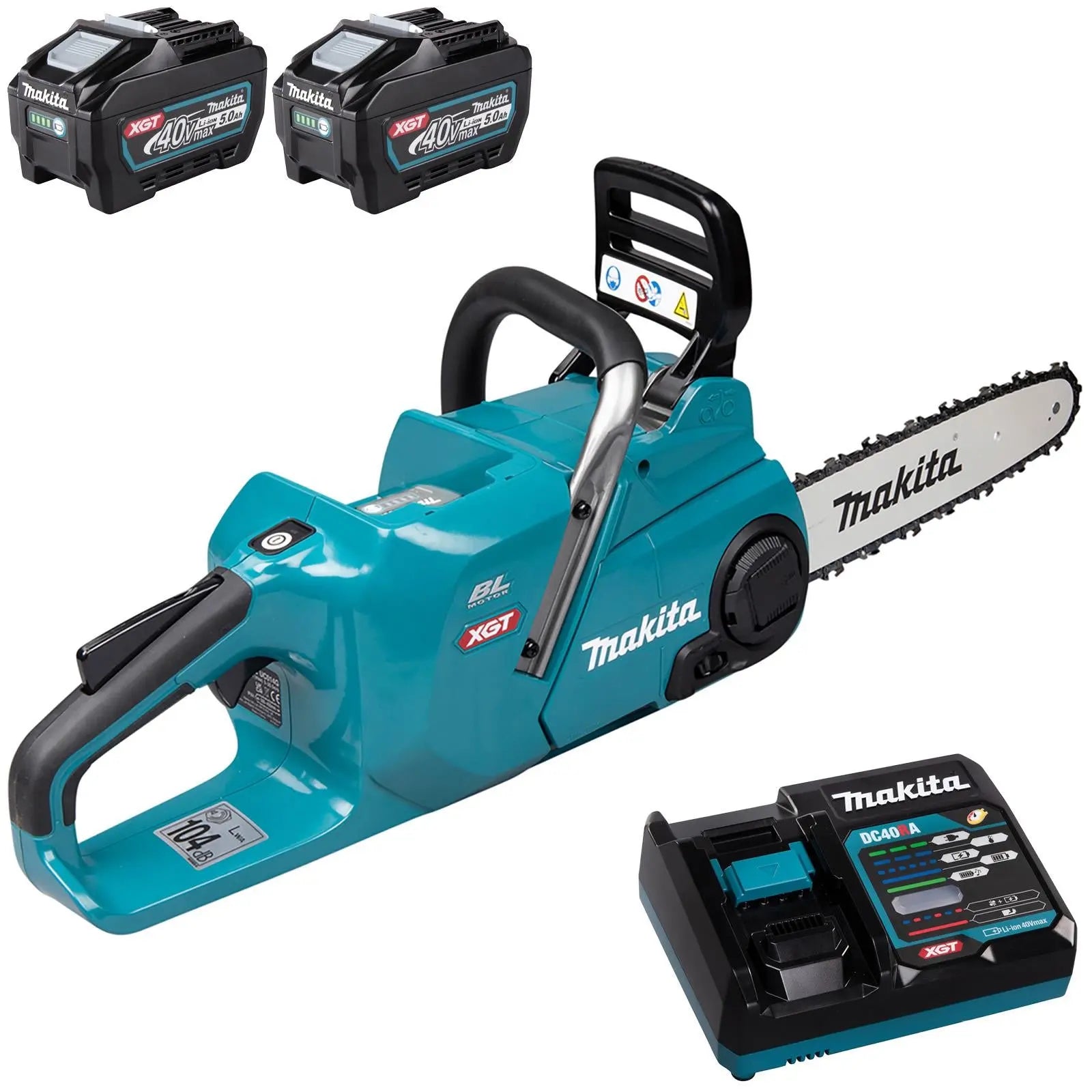 Makita Chainsaw Kit Heavy Duty 30cm 12" 40V XGT Brushless Cordless 2 x 5Ah Battery and Rapid Charger Garden Tree Cutting Pruning UC014GT201  White Rose Tools