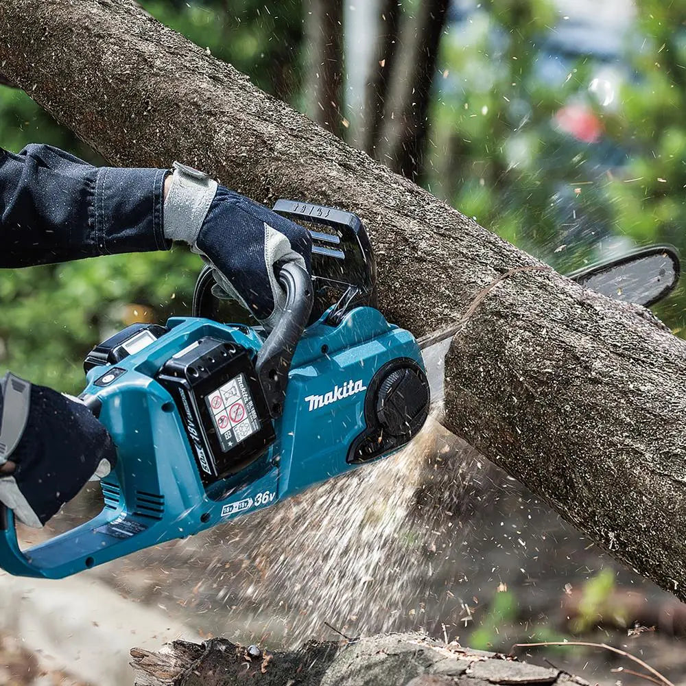 Makita Chainsaw Kit Heavy Duty 35cm 14" 18V x 2 LXT Brushless Cordless 2 x 5Ah Battery and Dual Rapid Charger Garden Tree Cutting Pruning DUC353PT2  White Rose Tools