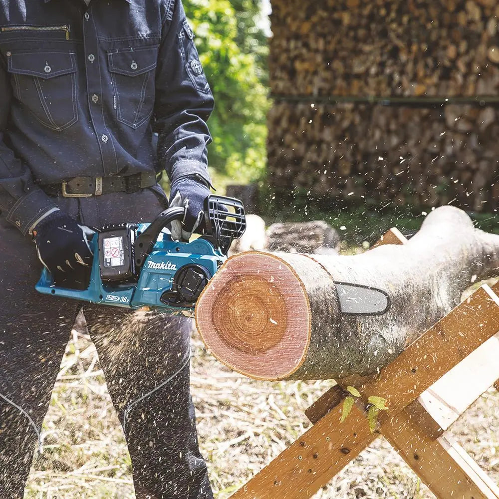 Makita Chainsaw Kit Heavy Duty 35cm 14" 18V x 2 LXT Brushless Cordless 2 x 5Ah Battery and Dual Rapid Charger Garden Tree Cutting Pruning DUC353PT2  White Rose Tools
