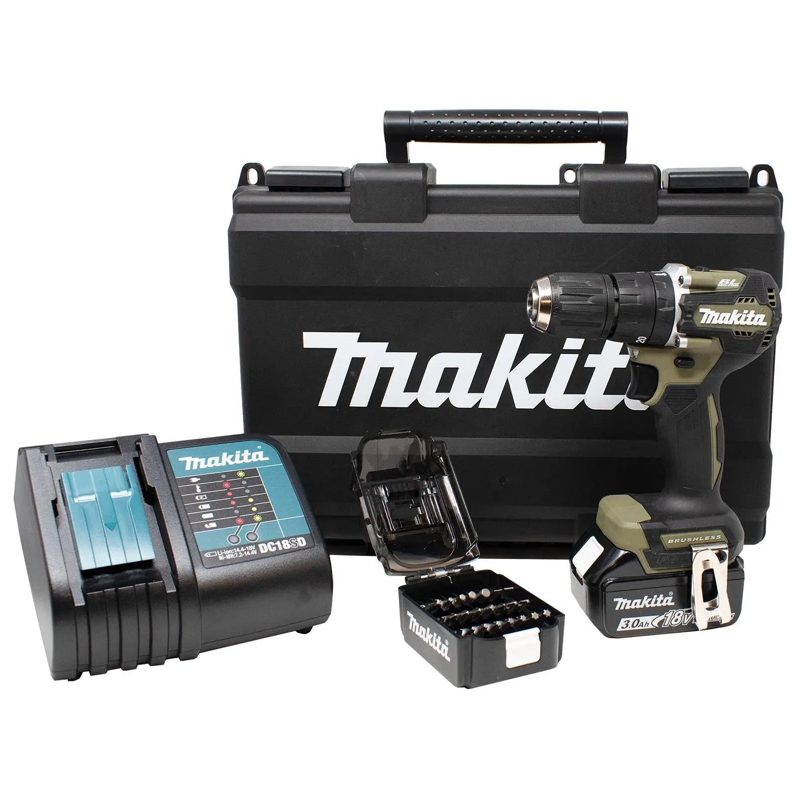 Makita Combi Drill Hammer Driver 18V LXT Li-ion Brushless Cordless Olive Range 1 x 3Ah DHP487FX3O  White Rose Tools