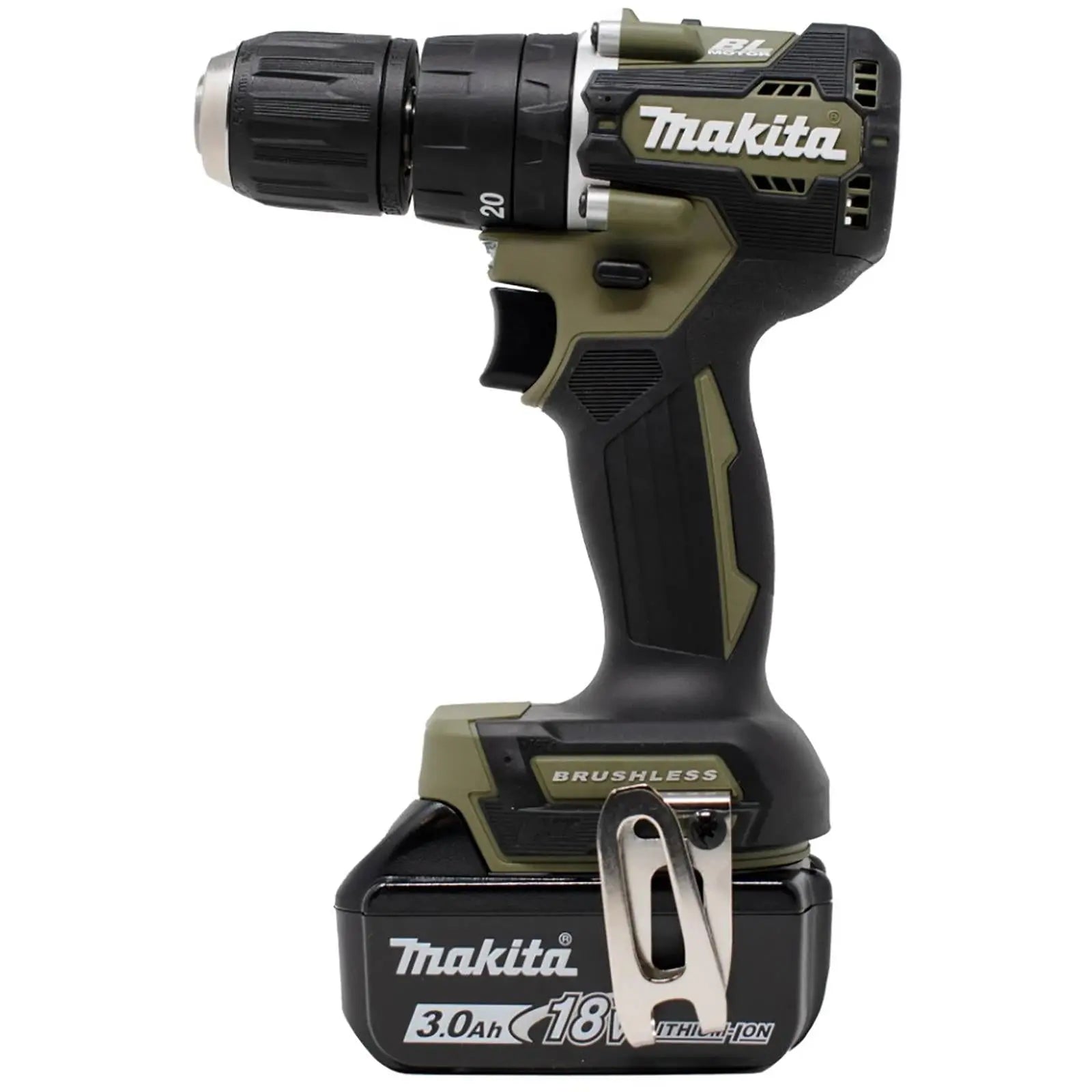 Makita Combi Drill Hammer Driver 18V LXT Li-ion Brushless Cordless Olive Range 1 x 3Ah DHP487FX3O  White Rose Tools