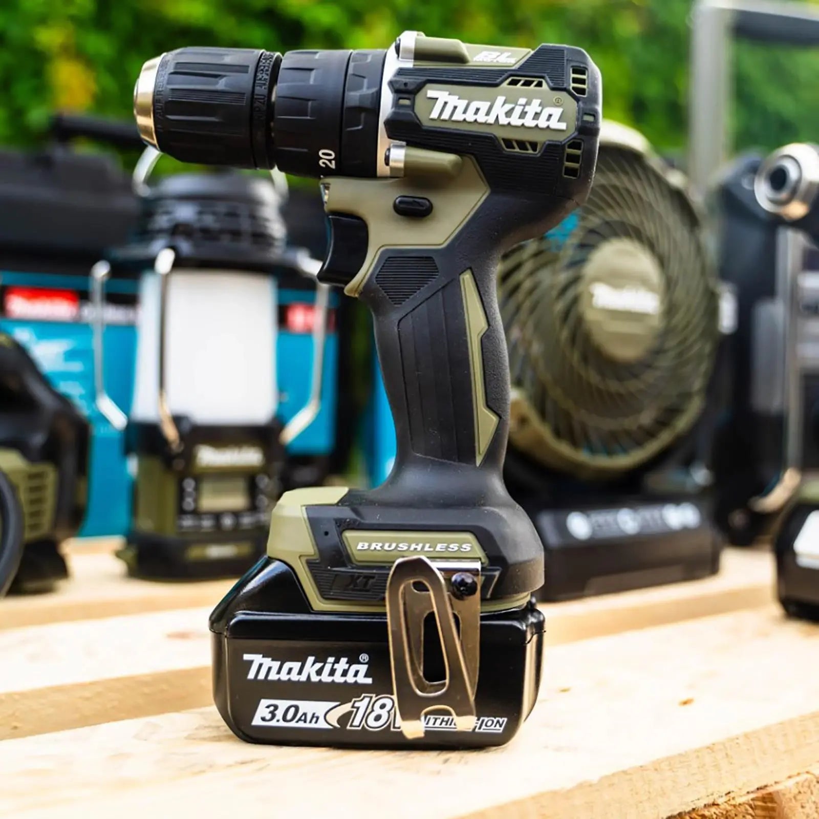 Makita Combi Drill Hammer Driver 18V LXT Li-ion Brushless Cordless Olive Range 1 x 3Ah DHP487FX3O  White Rose Tools