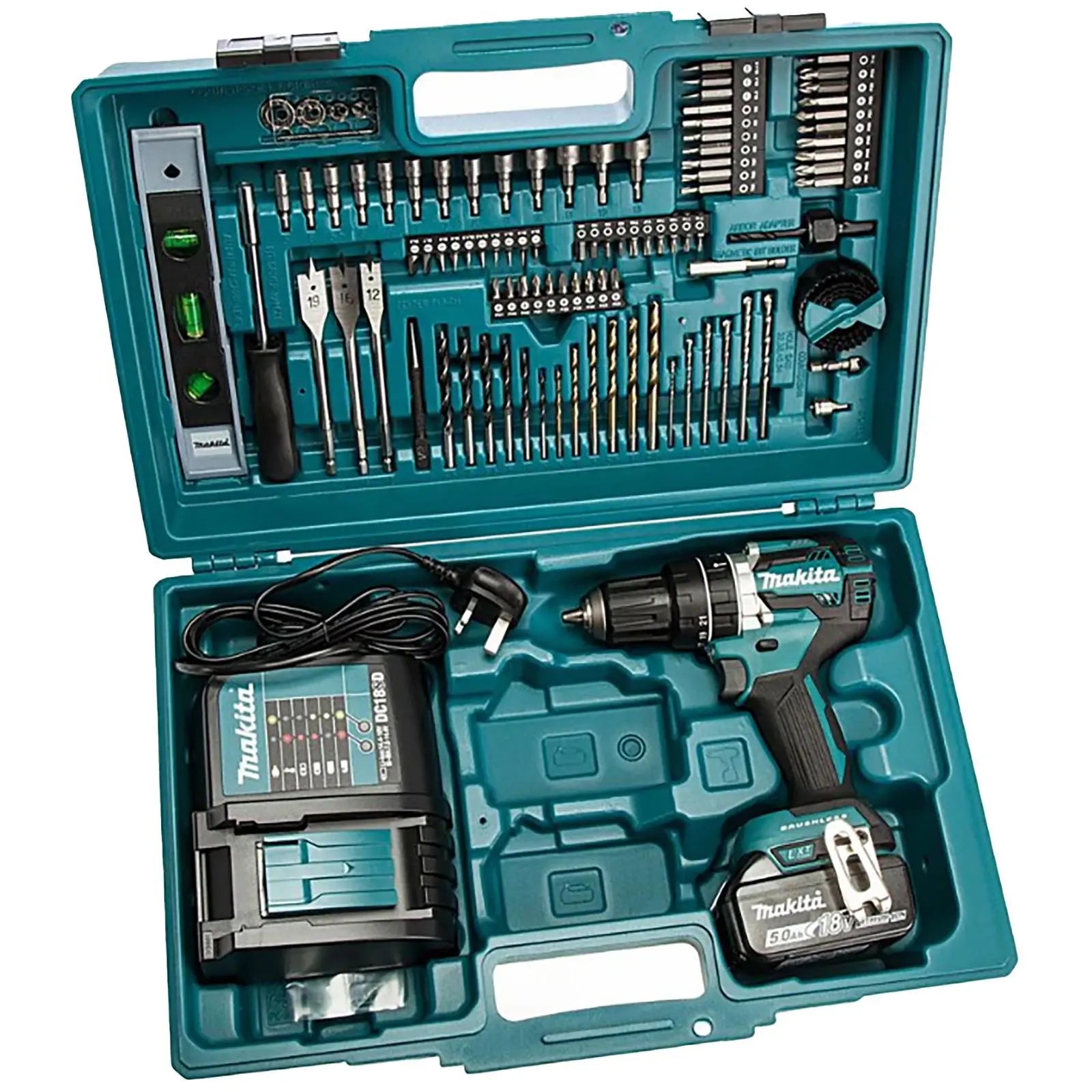 Makita Combi Drill Kit 18V LXT DHP484 with 5Ah Battery Charger 101pc Tool Set Cordless Brushless DHP484STX5  White Rose Tools