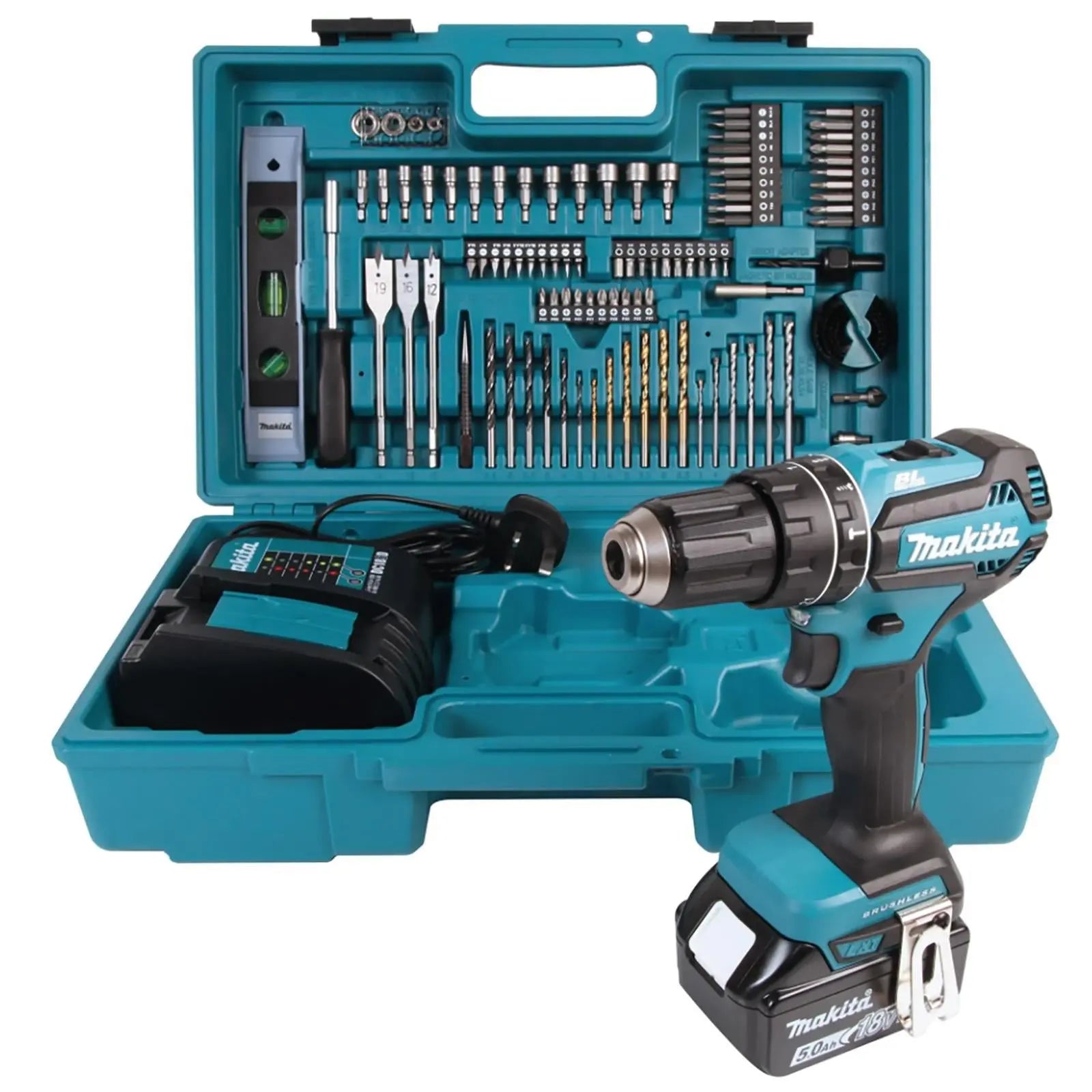 Makita Combi Drill Kit 18V LXT DHP485 with 5Ah Battery Charger 101pc Tool Set Cordless Brushless DHP485STX5  White Rose Tools