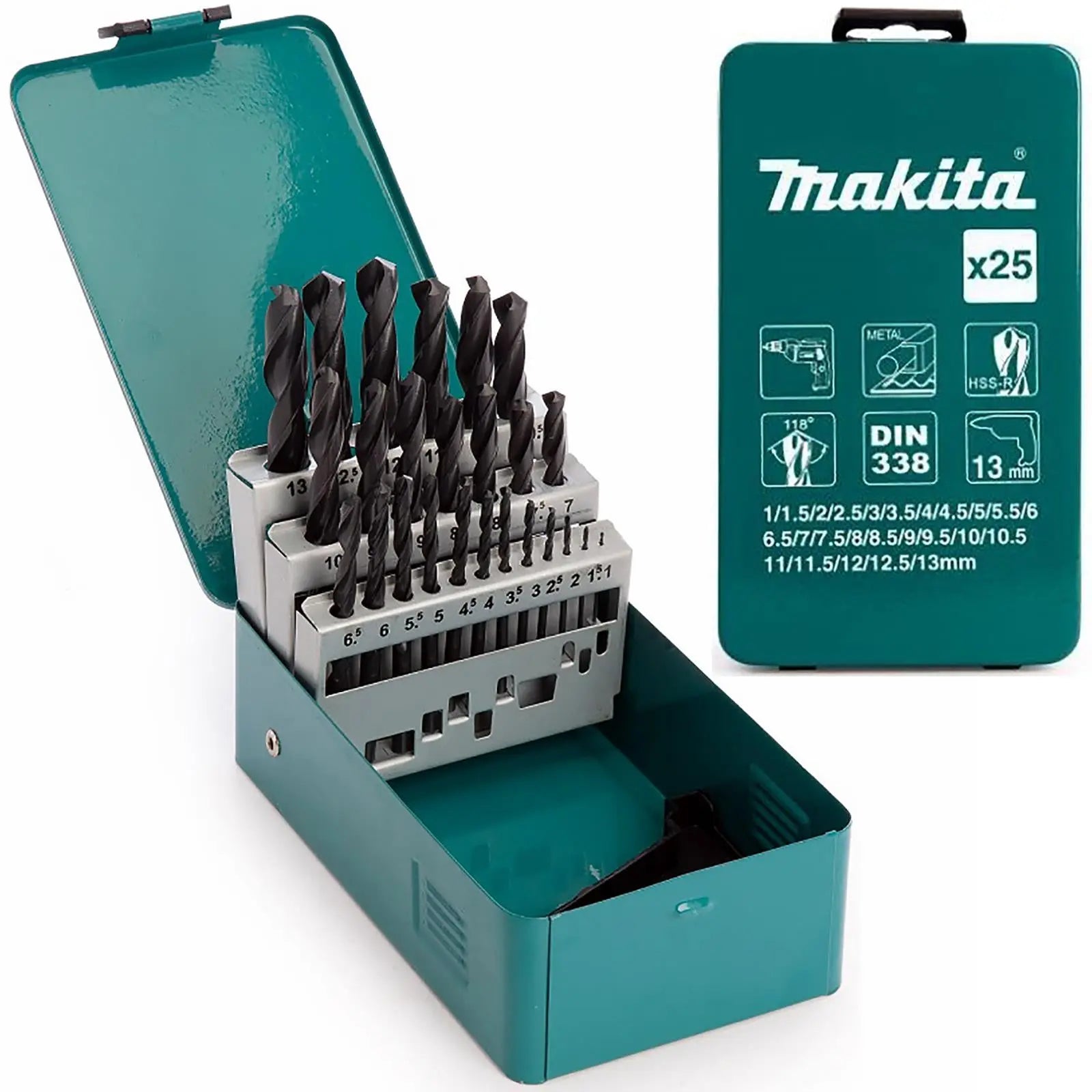 Makita Drill Bit Set HSS-R 25 Piece Roll Forged in Metal Case 1-13mm D-54097  White Rose Tools