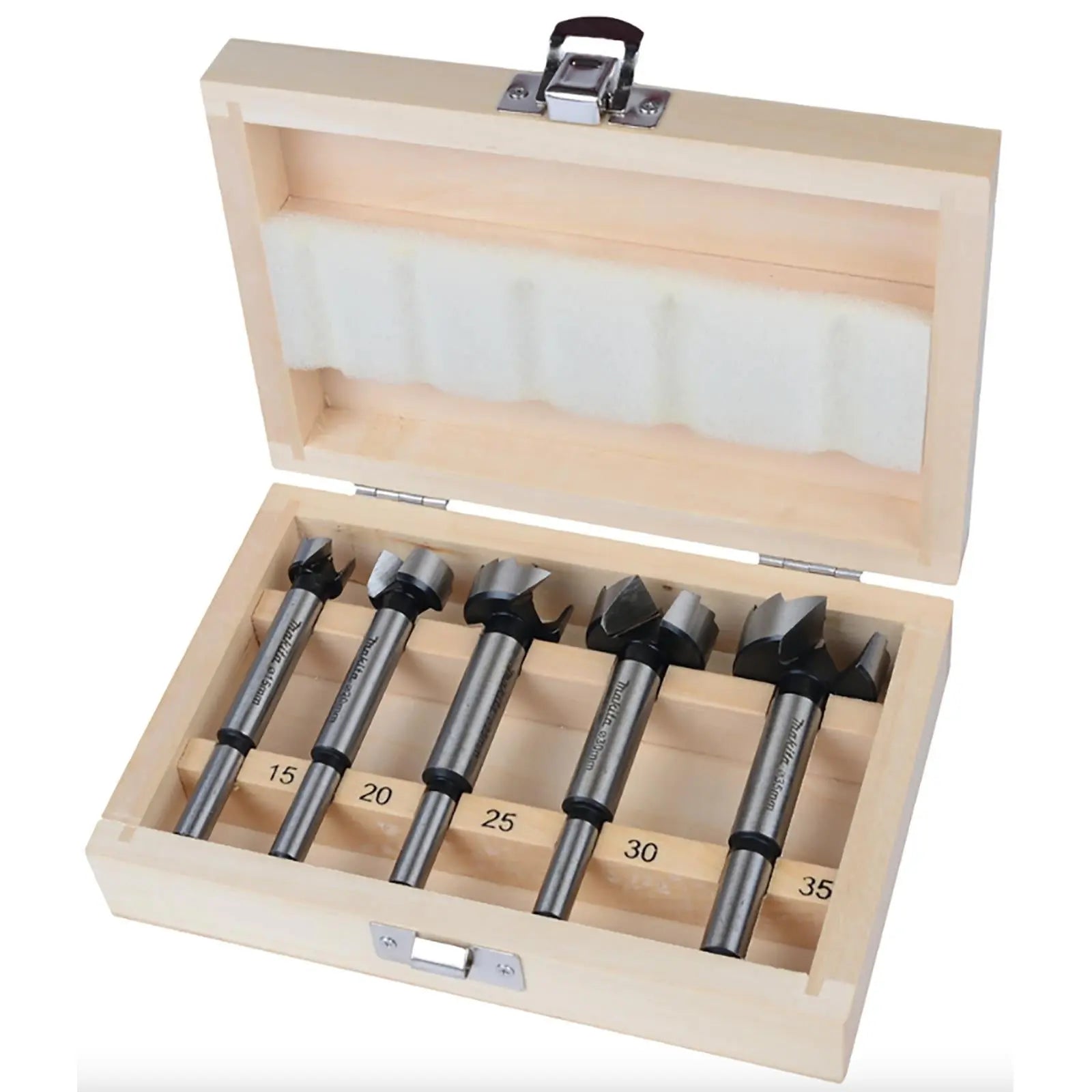 Makita Forstner Wood Drill Bit Set 5 Pieces 15-35mm in Wooden Box  White Rose Tools