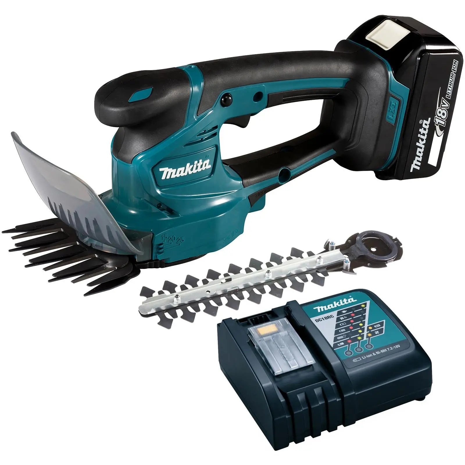 Makita Grass Shears 110mm Hedgetrimmer Blade 18V LXT Cordless Li-ion 5Ah Charger Kit DUM111RTX  White Rose Tools