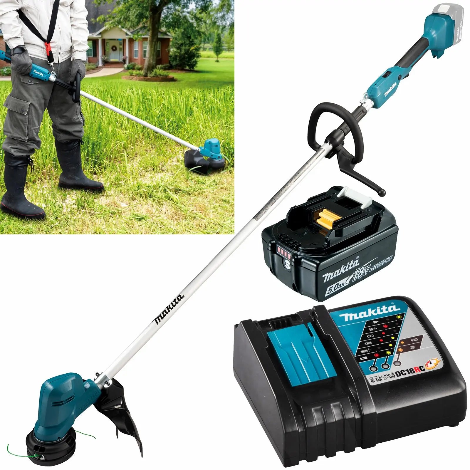 Makita Grass Trimmer Strimmer Kit 18V LXT Brushless Cordless Garden Lawn Strimming 5Ah Battery and Charger DUR194RTX2  White Rose Tools