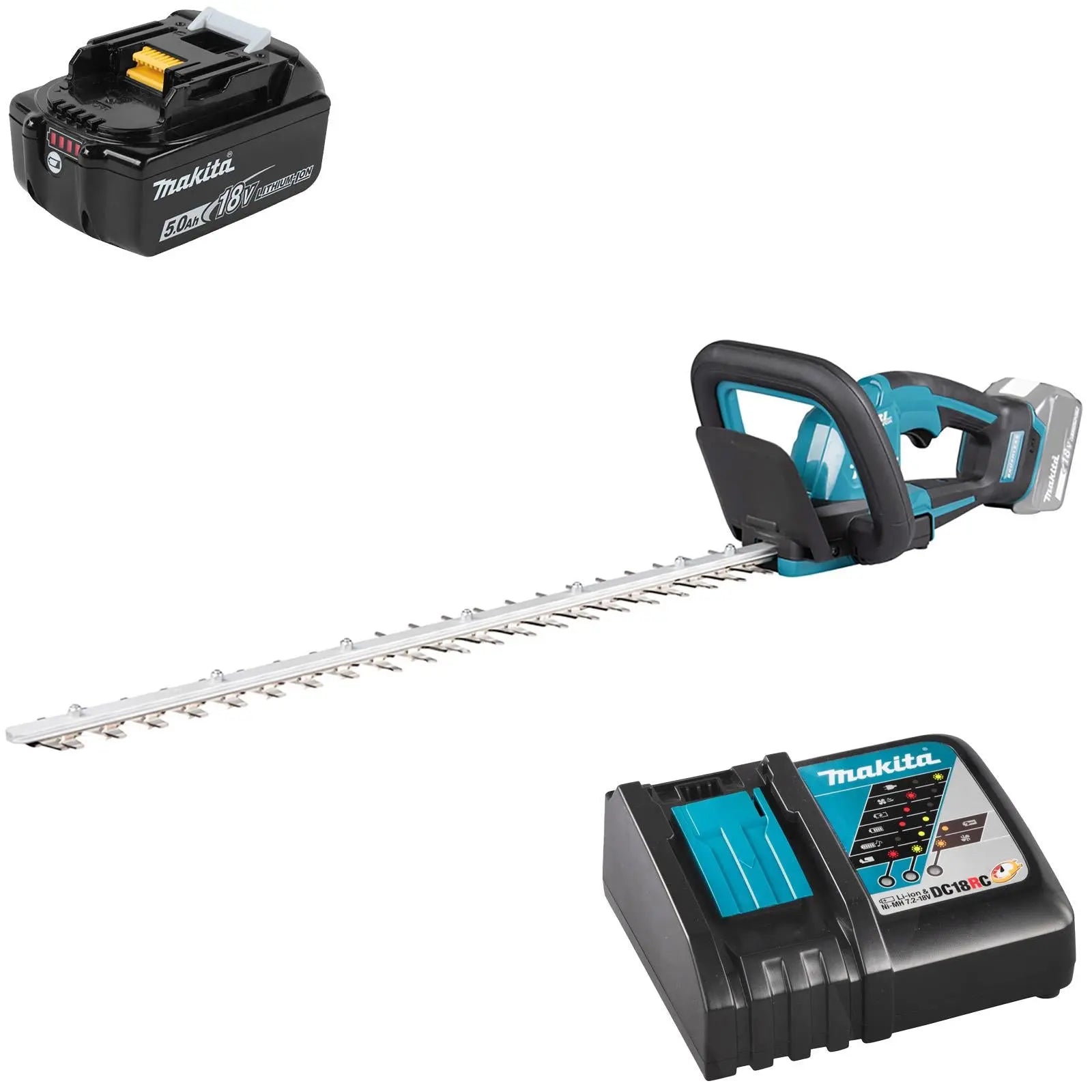 Makita Hedge Trimmer Kit 60cm 18V LXT Li-ion Brushless Cordless 5Ah Battery and Charger Garden Bush Cutter Cutting DUH606RT  White Rose Tools