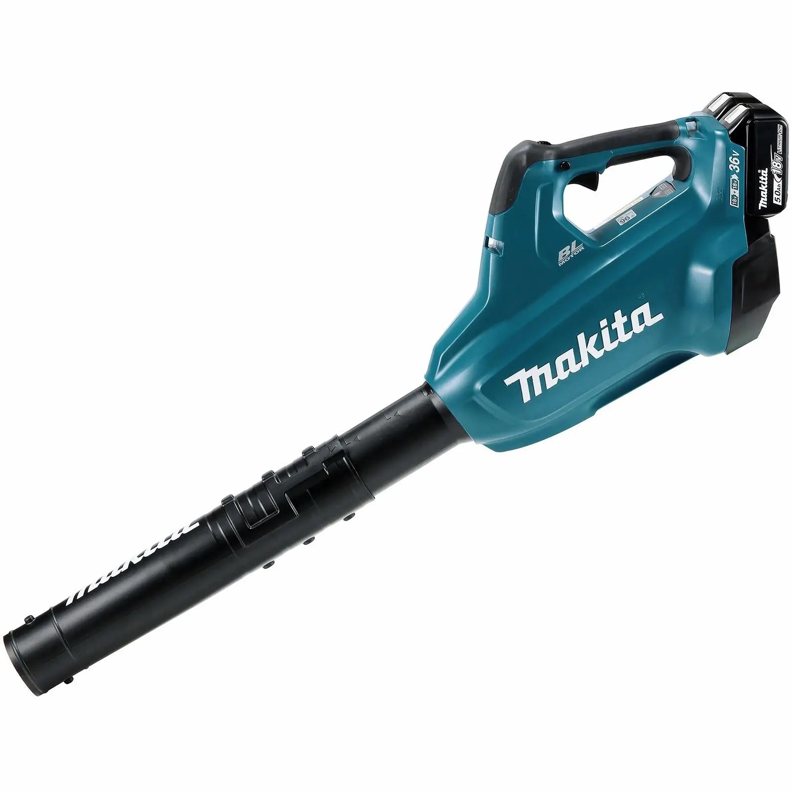 Makita Leaf Blower Kit 18V x 2 LXT Brushless Cordless 2 x 5Ah Battery and Dual Rapid Charger 14.4N Garden Grass Clippings Construction DUB362PT2  White Rose Tools