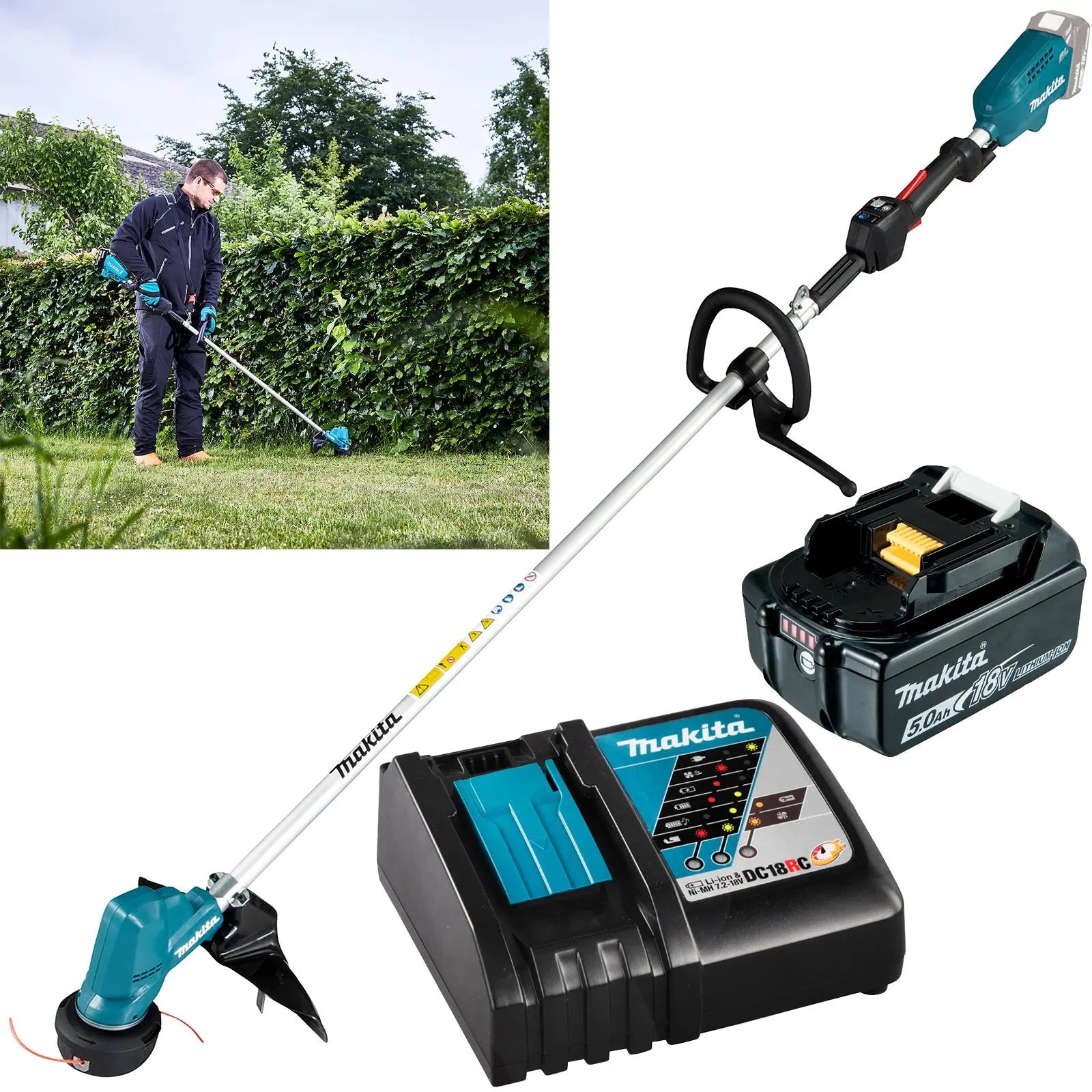 Makita Line Trimmer Strimmer Kit 18V LXT Brushless Cordless Garden Lawn Strimming 5Ah Battery and Charger DUR190LRT8  White Rose Tools