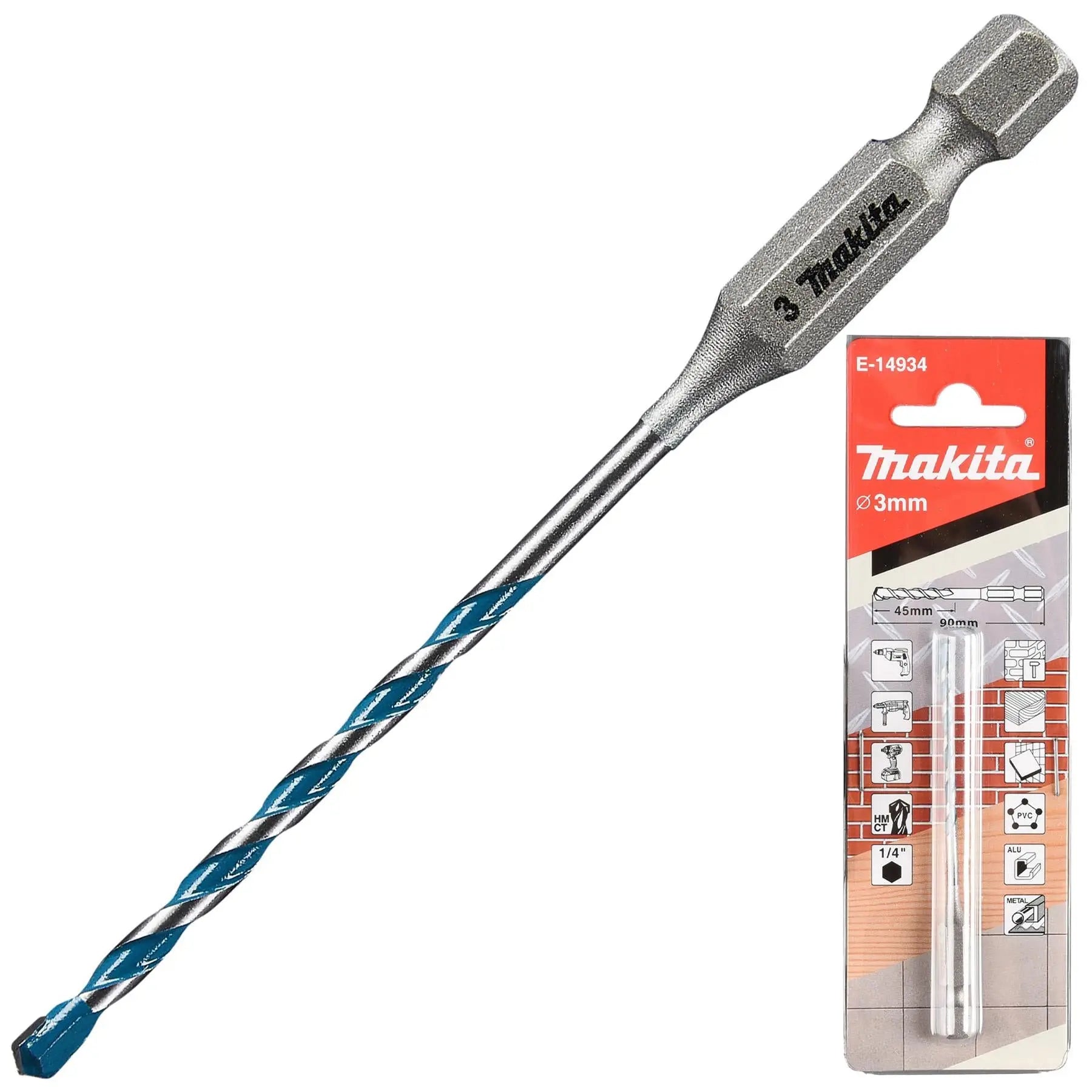 Makita Multi Material Drill Bits TCT 1/4" Hex Shank for Wood Plastic Masonry Ceramic Tiles Steel - Choose Size  White Rose Tools