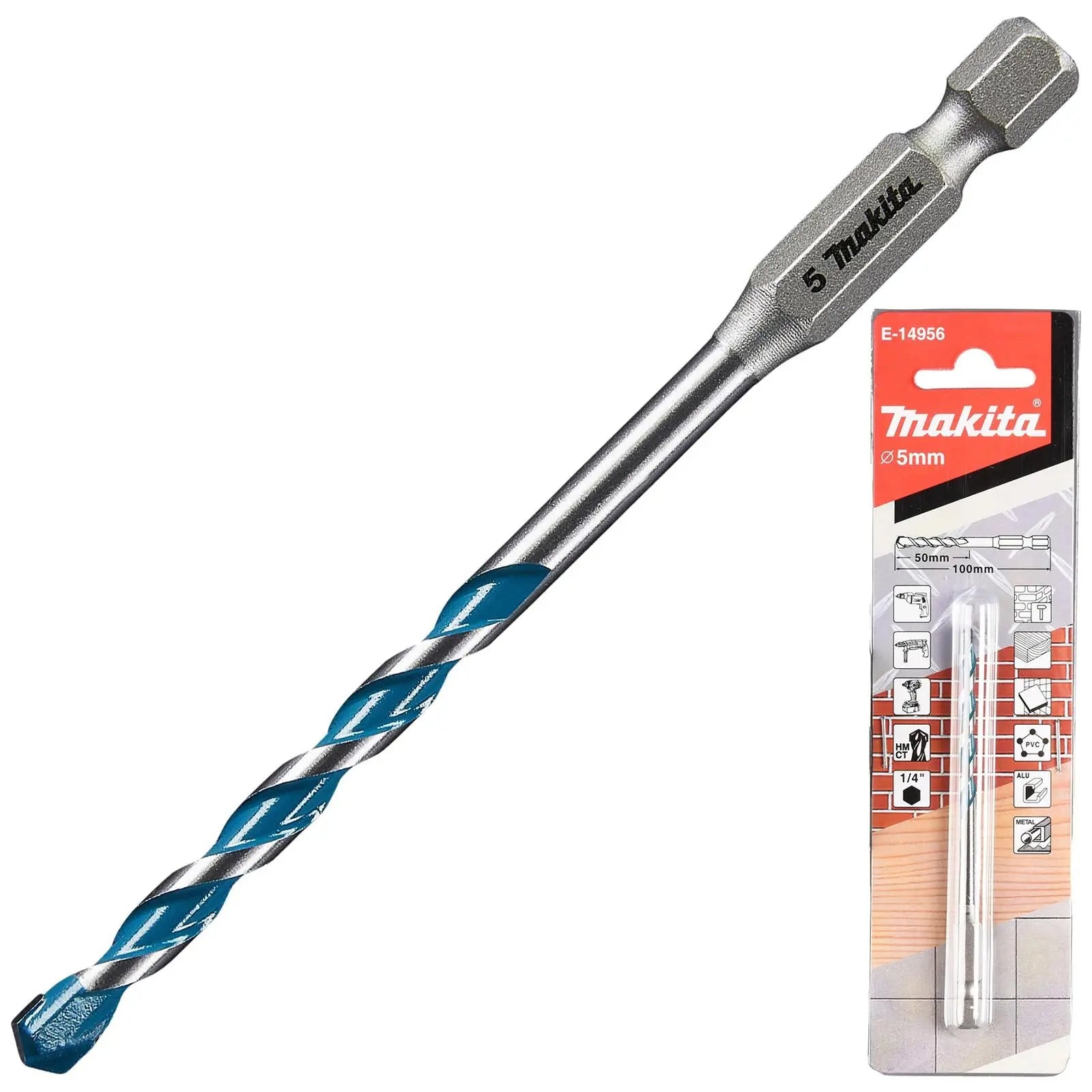Makita Multi Material Drill Bits TCT 1/4" Hex Shank for Wood Plastic Masonry Ceramic Tiles Steel - Choose Size  White Rose Tools