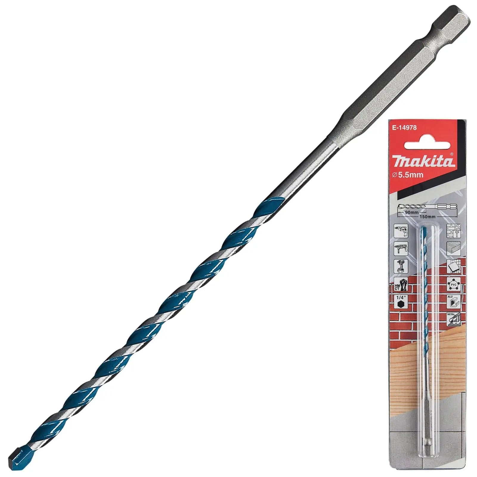 Makita Multi Material Drill Bits TCT 1/4" Hex Shank for Wood Plastic Masonry Ceramic Tiles Steel - Choose Size  White Rose Tools