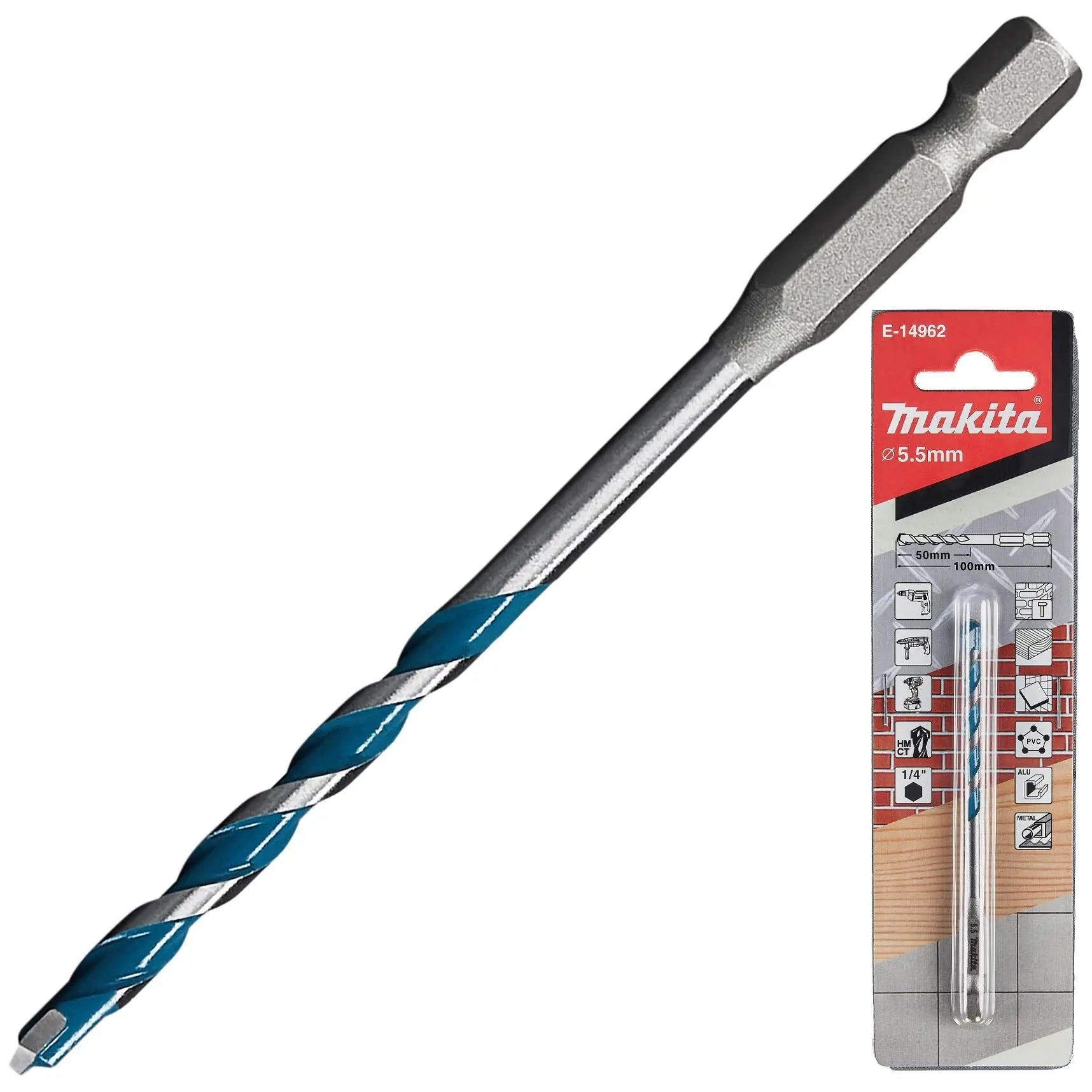 Makita Multi Material Drill Bits TCT 1/4" Hex Shank for Wood Plastic Masonry Ceramic Tiles Steel - Choose Size  White Rose Tools