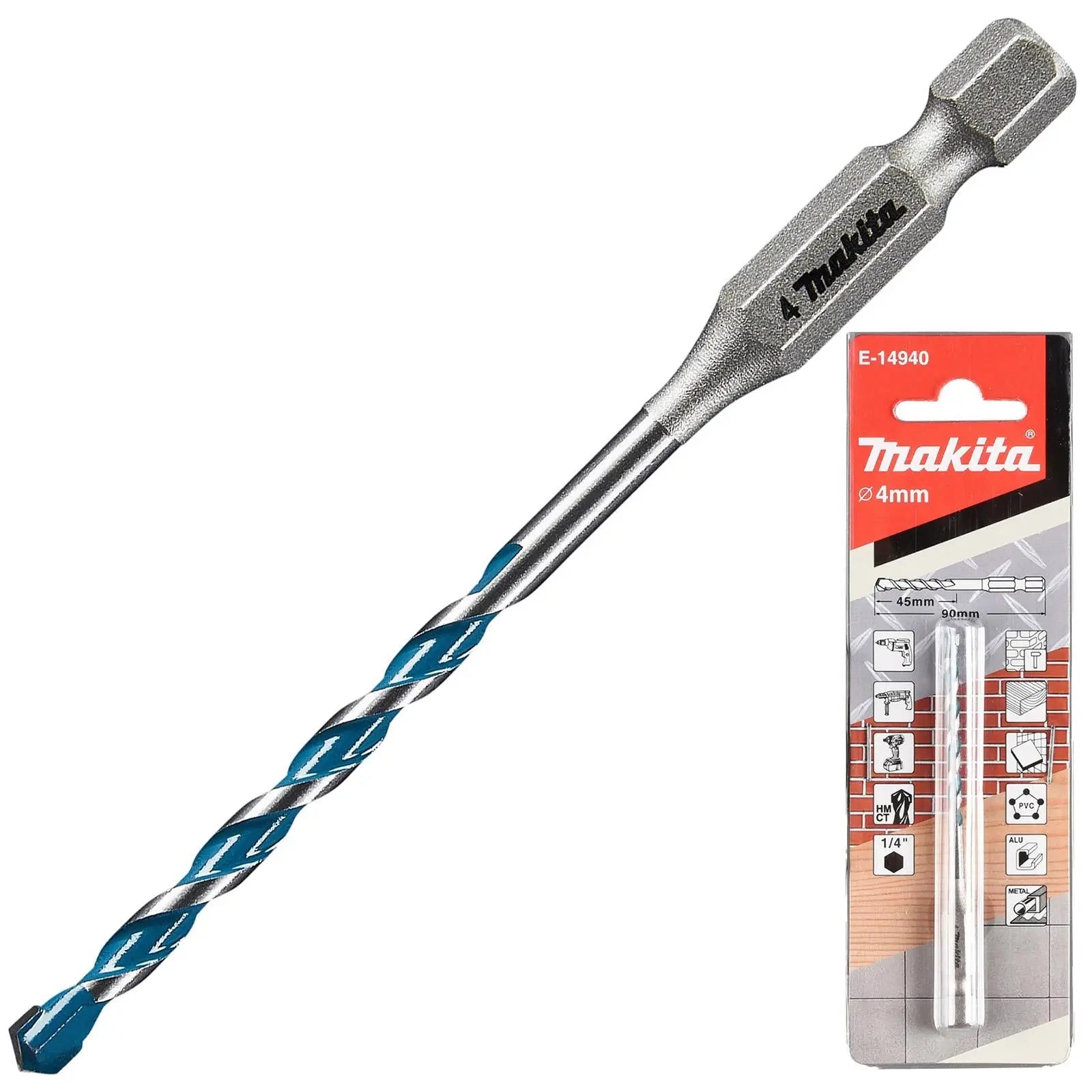 Makita Multi Material Drill Bits TCT 1/4" Hex Shank for Wood Plastic Masonry Ceramic Tiles Steel - Choose Size  White Rose Tools