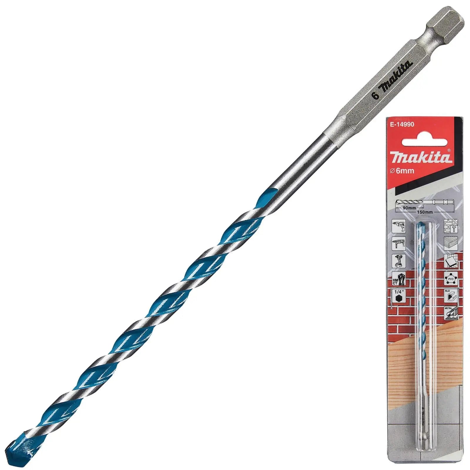 Makita Multi Material Drill Bits TCT 1/4" Hex Shank for Wood Plastic Masonry Ceramic Tiles Steel - Choose Size  White Rose Tools