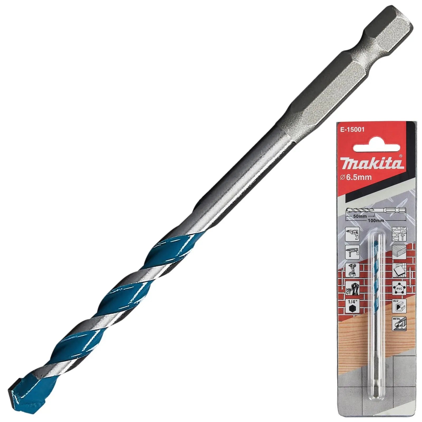 Makita Multi Material Drill Bits TCT 1/4" Hex Shank for Wood Plastic Masonry Ceramic Tiles Steel - Choose Size  White Rose Tools
